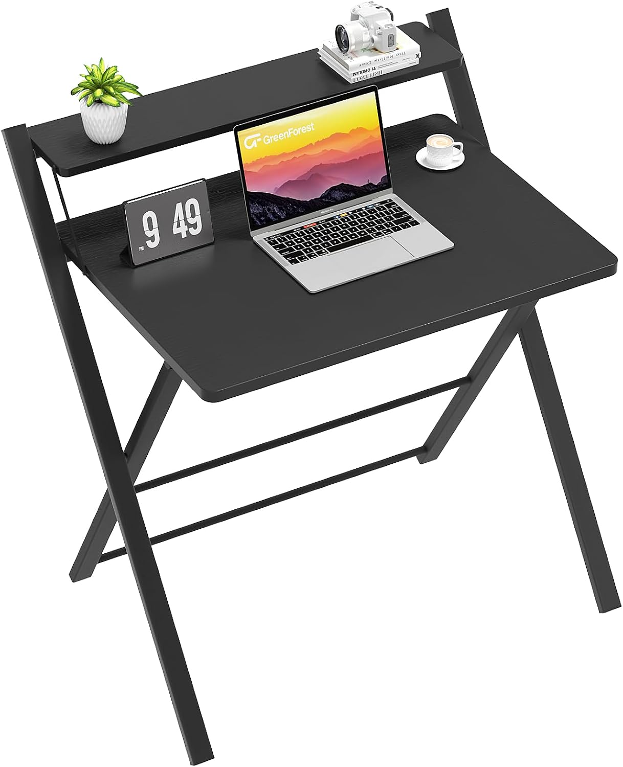 GreenForest Folding Desk No Assembly Required Large Size, 2-Tier Foldable Comput...