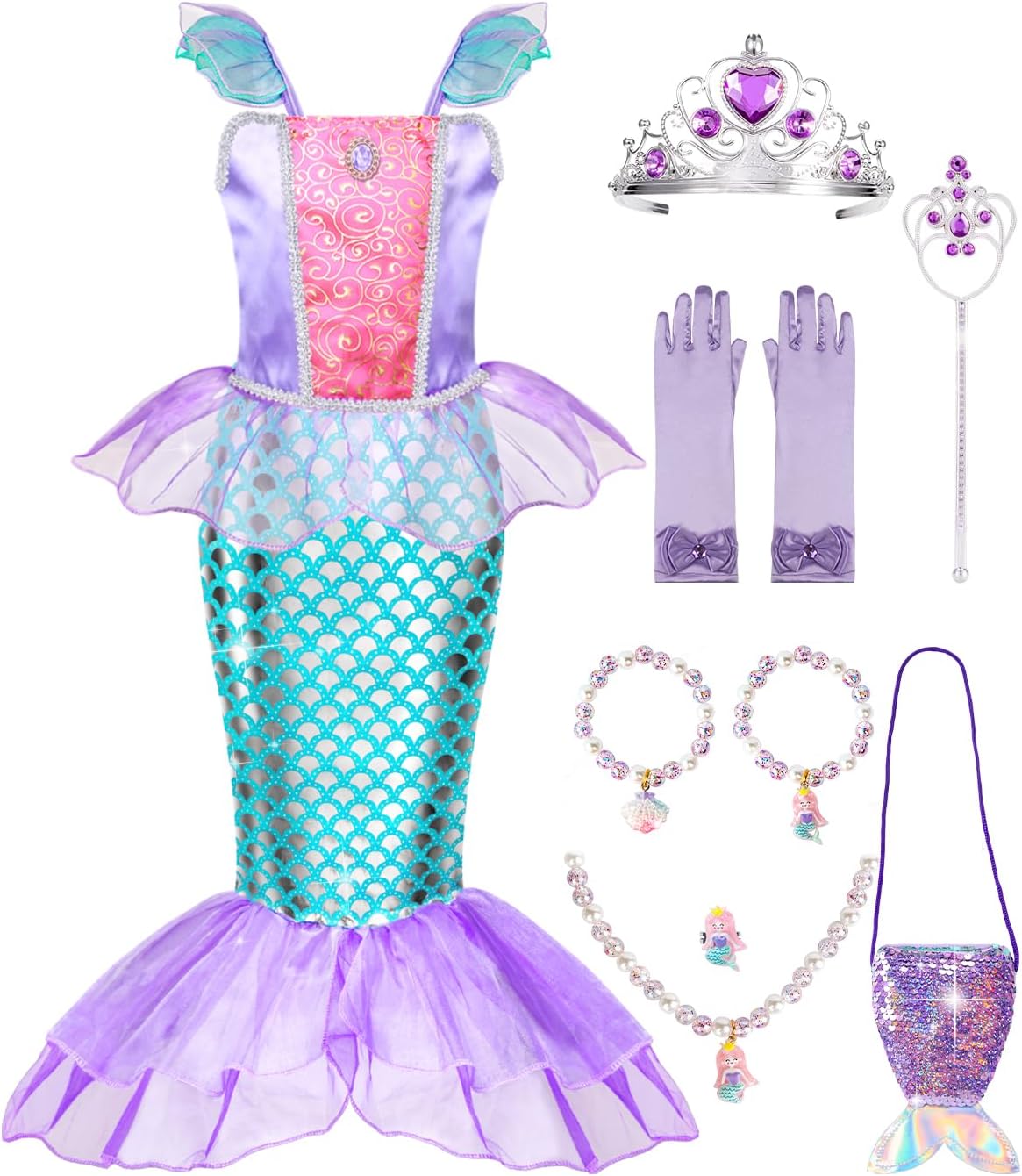 Meland Mermaid Dress for Girls - Little Mermaid Costume for Girls with Bag Princ...