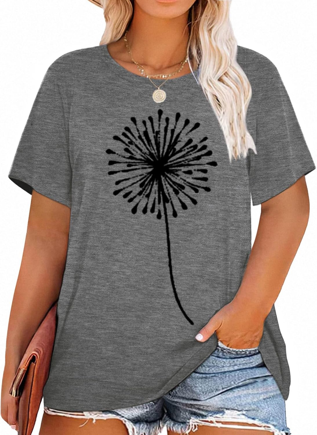 HDLTE Women Plus Size T Shirts Short Sleeve Casual Graphic Tee Tops Gray 2X