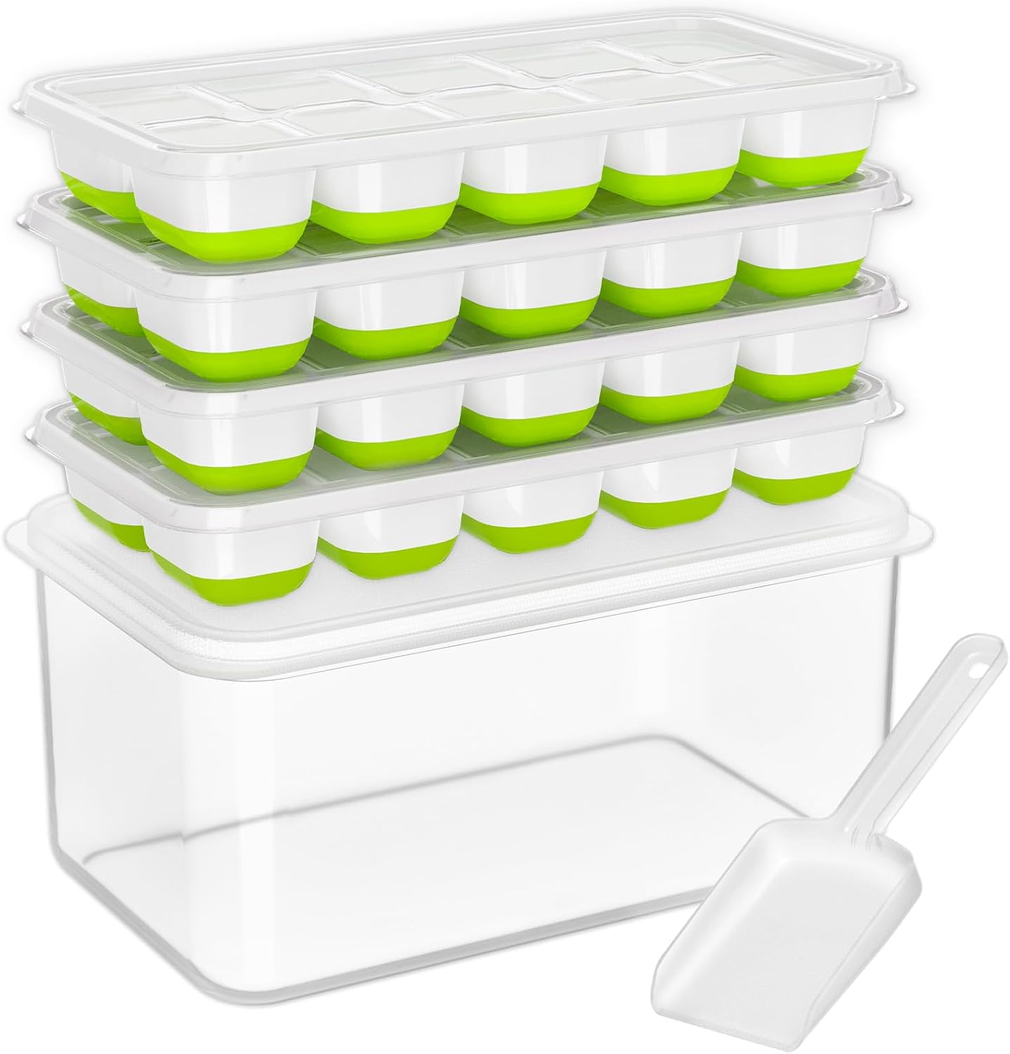 DOQAUS Ice Cube Tray with Lid and Bin, 4 Pack Silicone Plastic Ice Cubes Trays f...