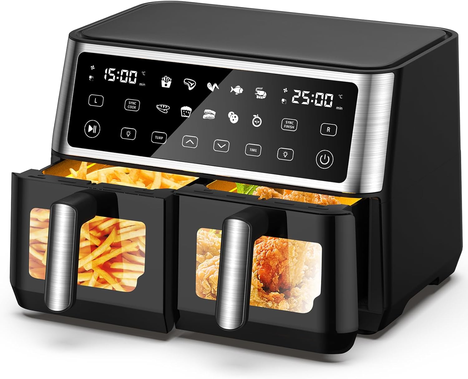 10L Dual Air Fryer, 2 Nonstick Drawers with Visible Window,10-In-1 Cooking Prese...