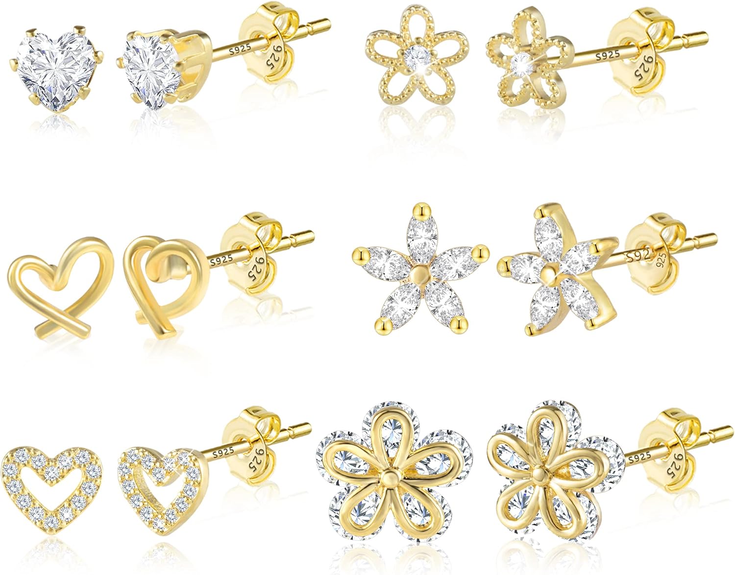 ALEXCRAFT Small Gold Stud Earrings 6 Pairs Cute Stud Earrings for Women Cubic Zi...