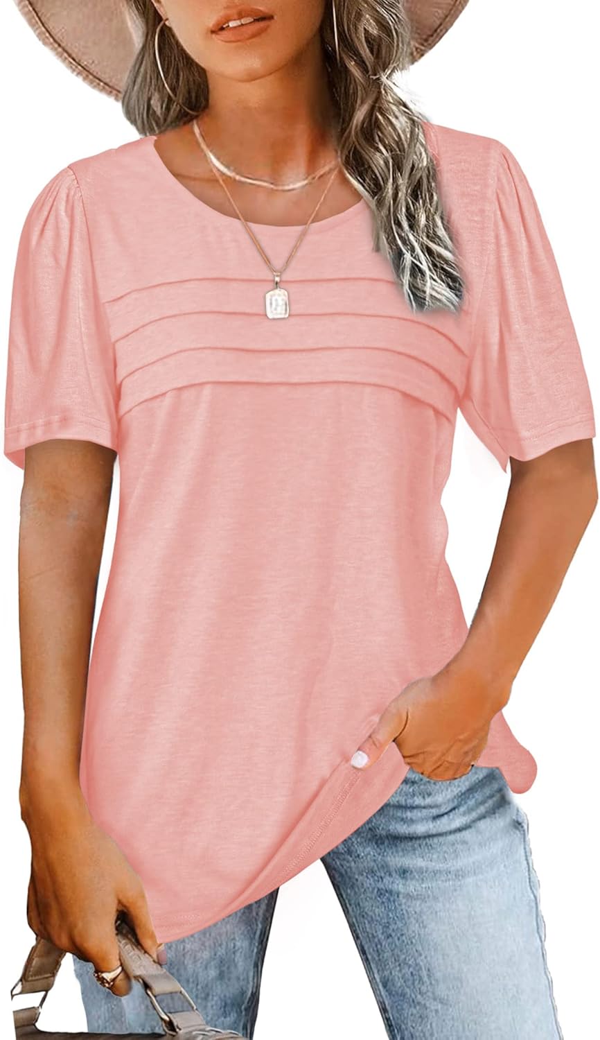 JomeDesign Womens Summer Tops Short Sleeve Crew Neck Shirts Puff Sleeve Casual T...