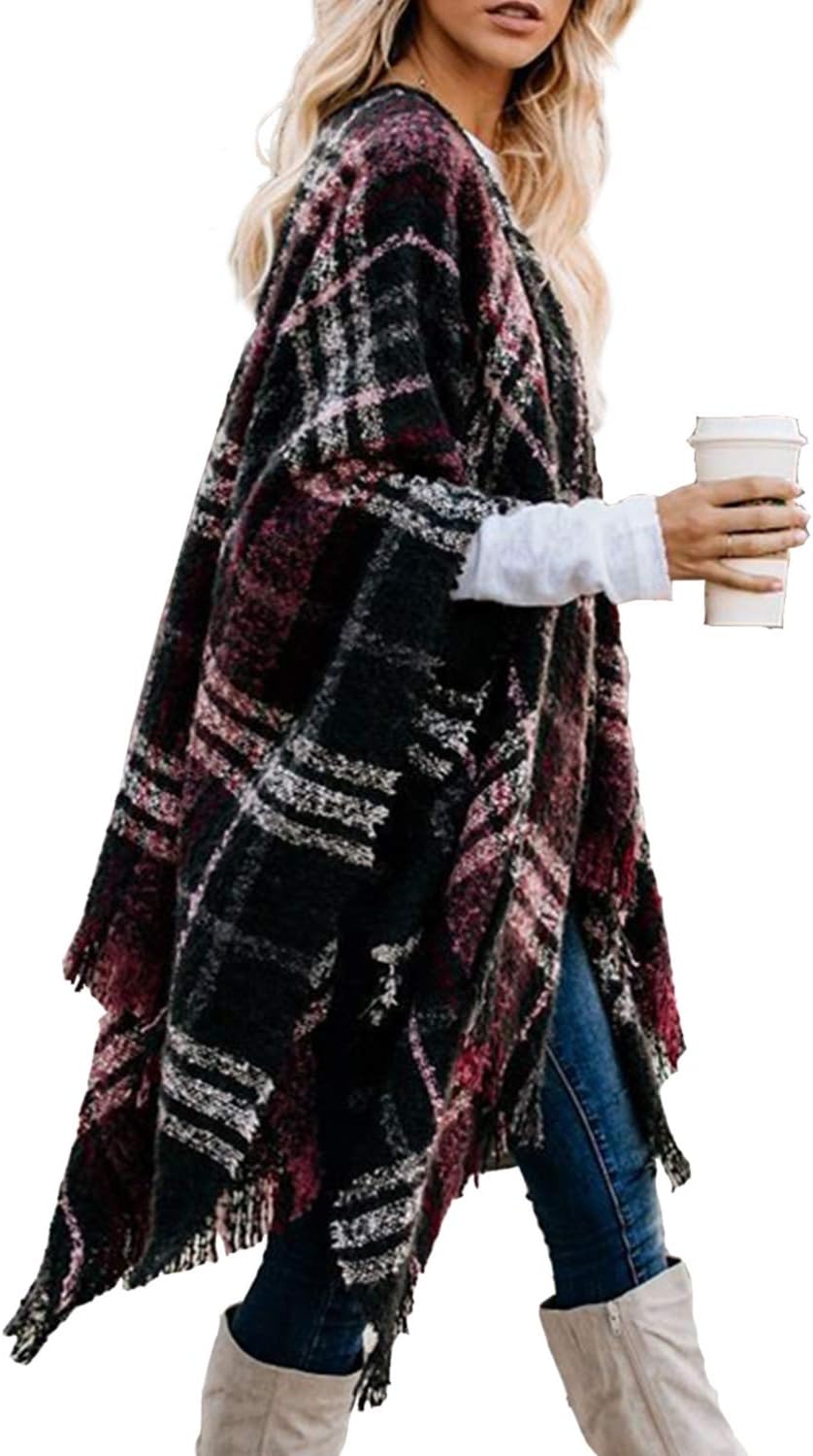 Bestshe Women's Boho Open Front Poncho Knitted Pla...