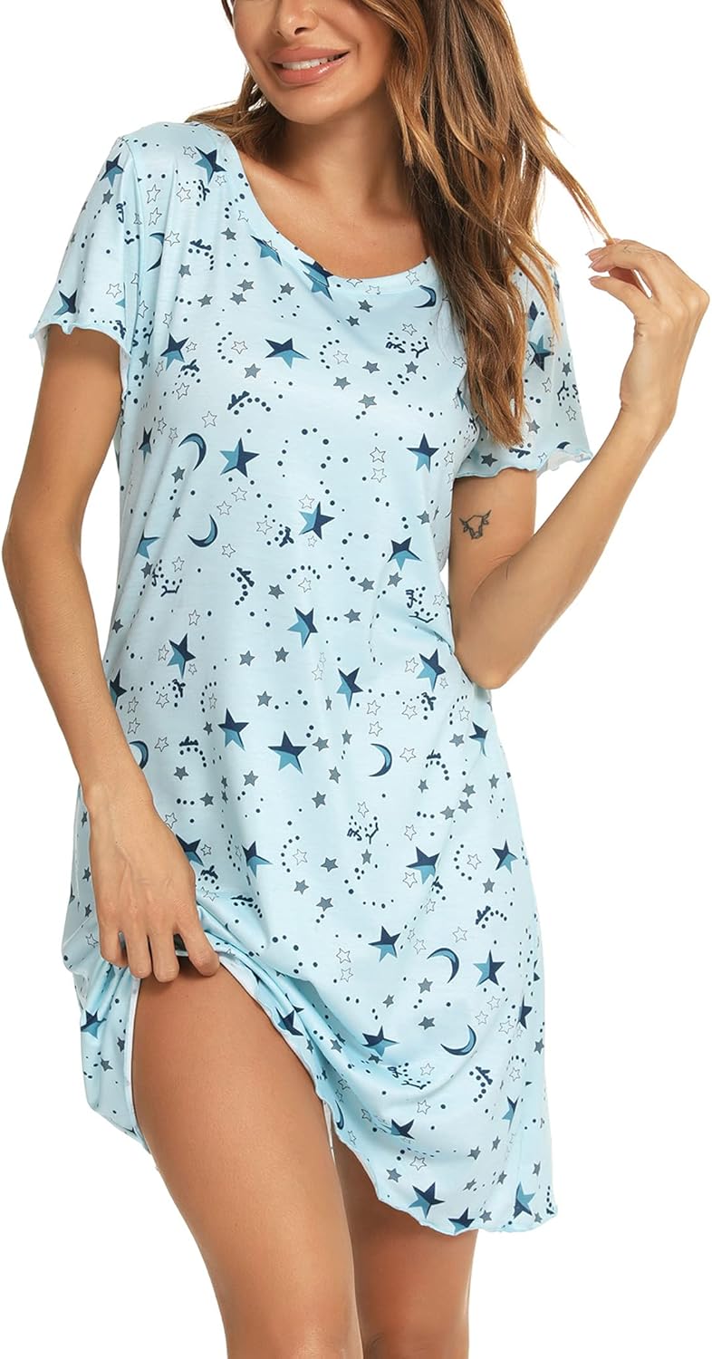 Womens Short Sleeve Sleepshirt Scoopneck Cute Nightdress Ruffle Comfy Nightgown...