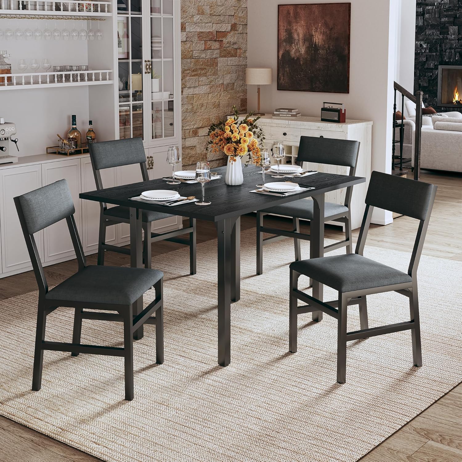 Dining Table Set for 4, Extendable Kitchen Table Cushion Chairs Set of 4, Rectan...