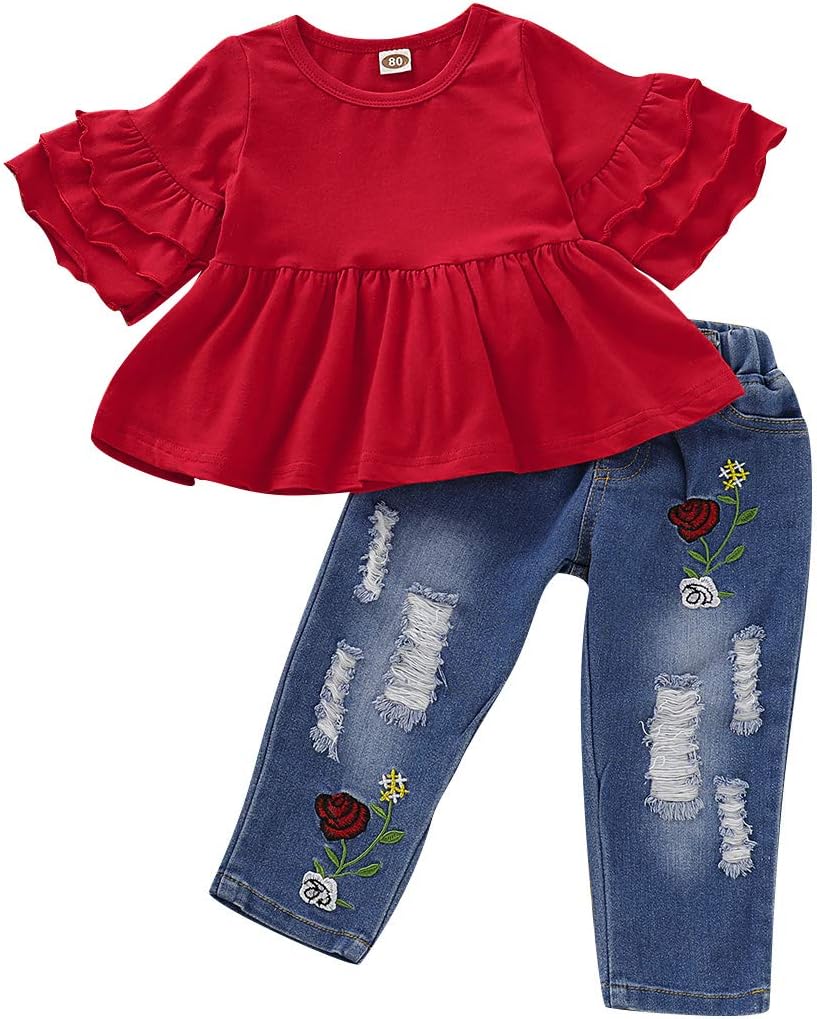 NZRVAWS Baby Girl Clothes Toddler Girl Outfits Infant Ruffle Shirt Denim Ripped...