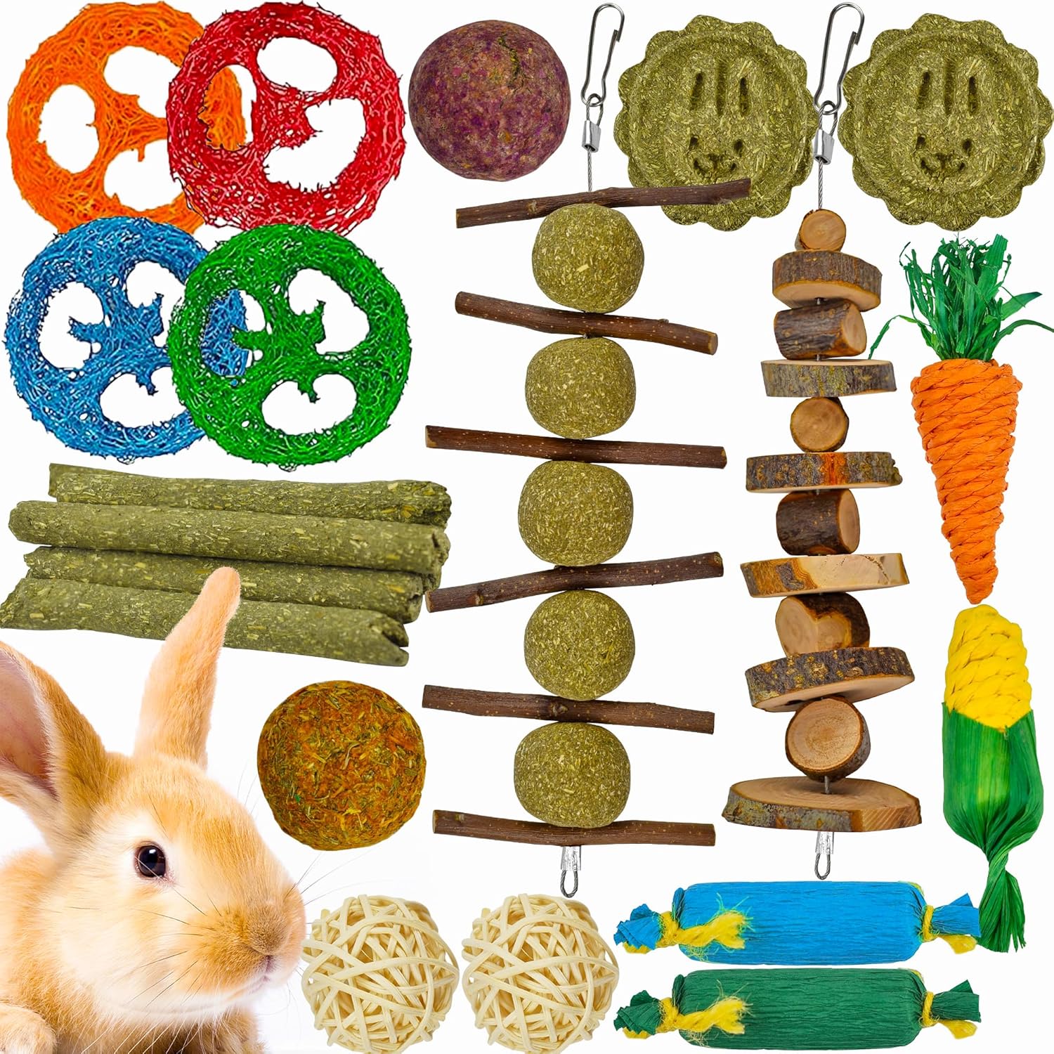 Ousiya 21-Pack Rabbit Toys Set, Natural Rabbit Chew Toys Boredom Breakers for Bu...