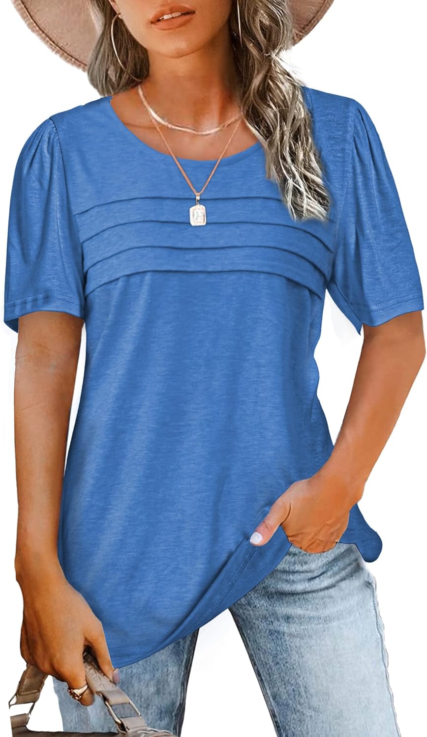 JomeDesign Womens Summer Tops Short Sleeve Crew Neck Shirts Puff Sleeve Casual T...