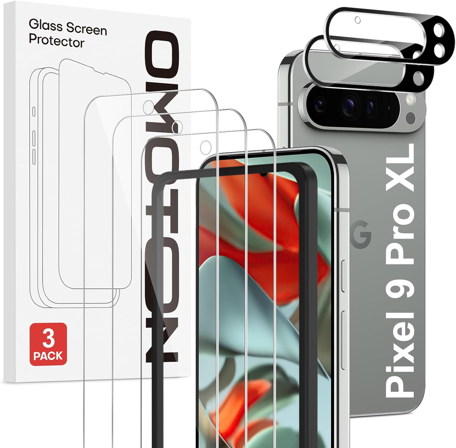 OMOTON 3+2 Pack Screen Protector for Google Pixel 9 Pro XL, 3 Pack Tempered Glas...