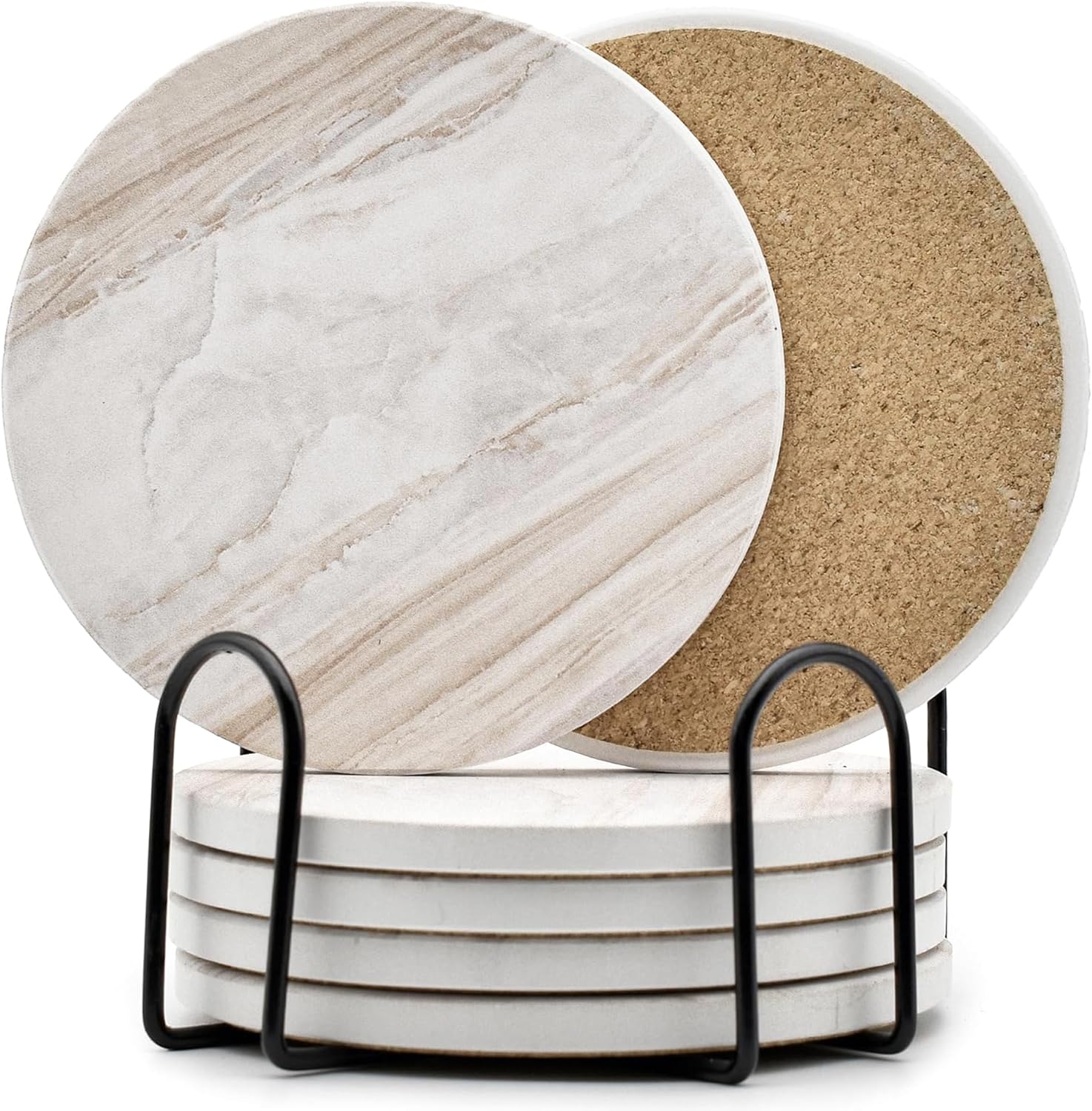 6Pcs Drink Coasters with Holder, Marble Style Ceramic Drink Coaster, Absorbent C...