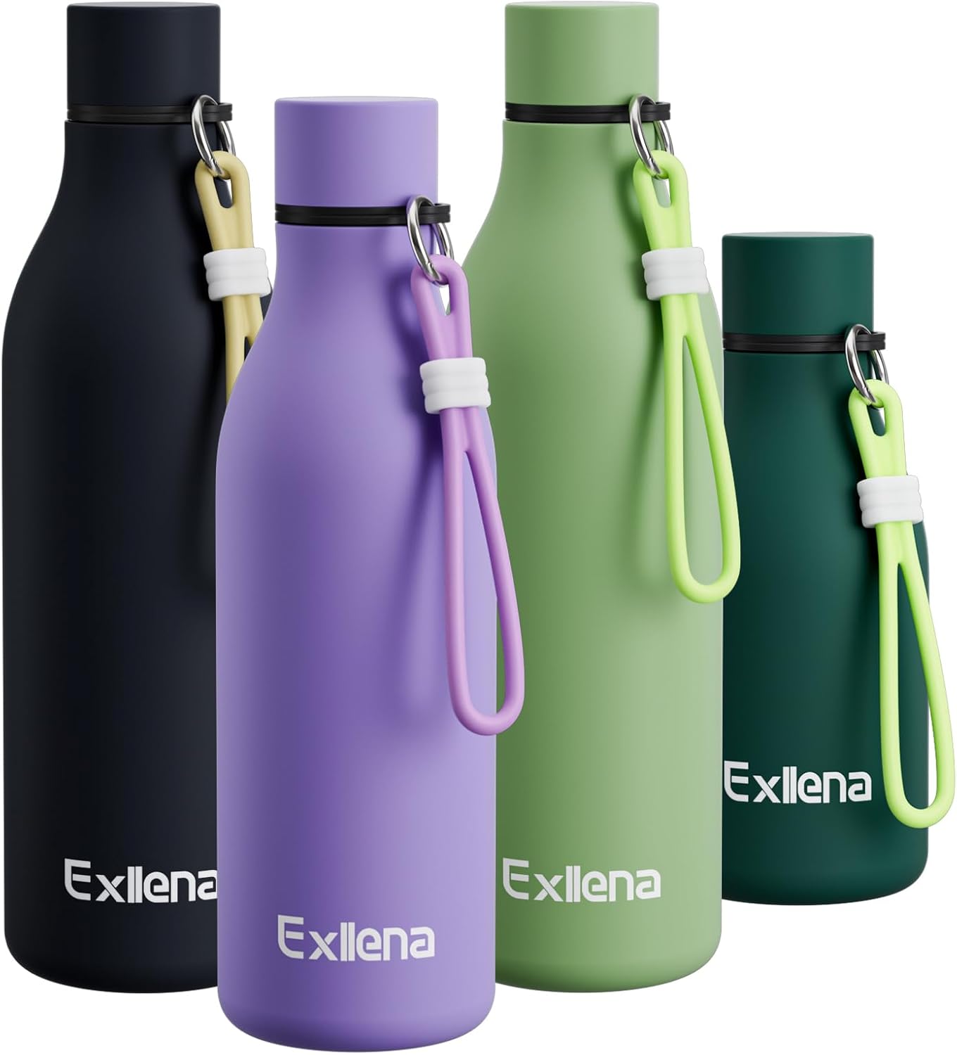 Exllena Metal Water Bottle 500ml with Silicone Strap, Double Wall Vacuum Insulat...