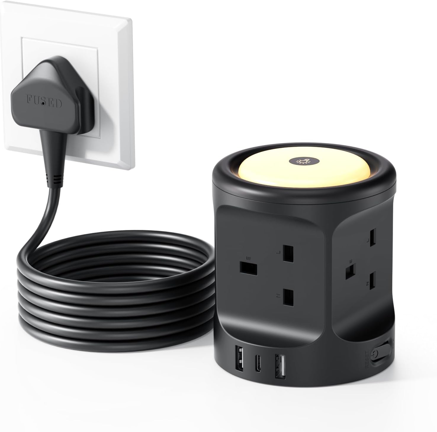 Extension Lead with USB Slots and Night Light, 4 Way (13A/3250W) Multi Plug Exte...