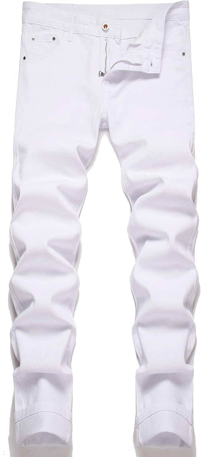 OIIIO Men's Ripped Slim Fit Straight Leg Jean Denim Pant 34 30034 White