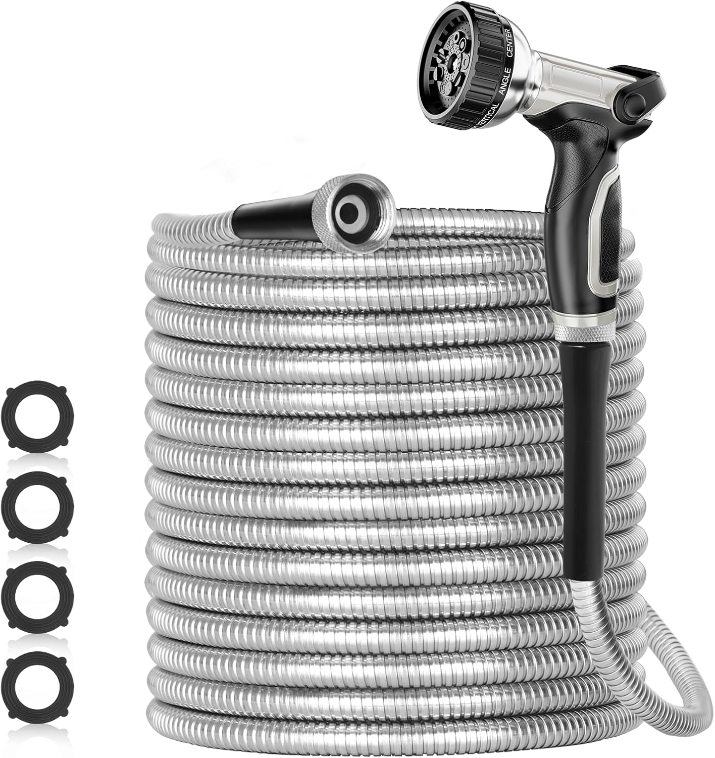 50ft 304 Stainless Steel Garden Hose Metal, Heavy Duty Water Pipe with Nozzles f...