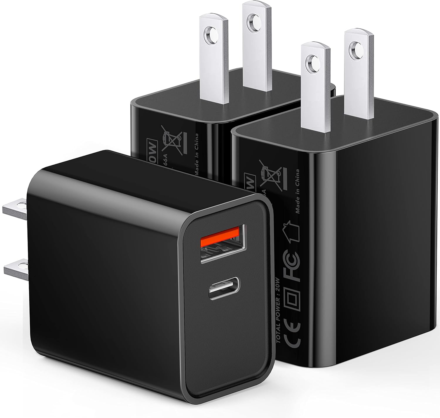 3 Pack Type C Charger, Dual Port USB C Wall Plug 20W PD & QC3.0 USB A Fast Charg...