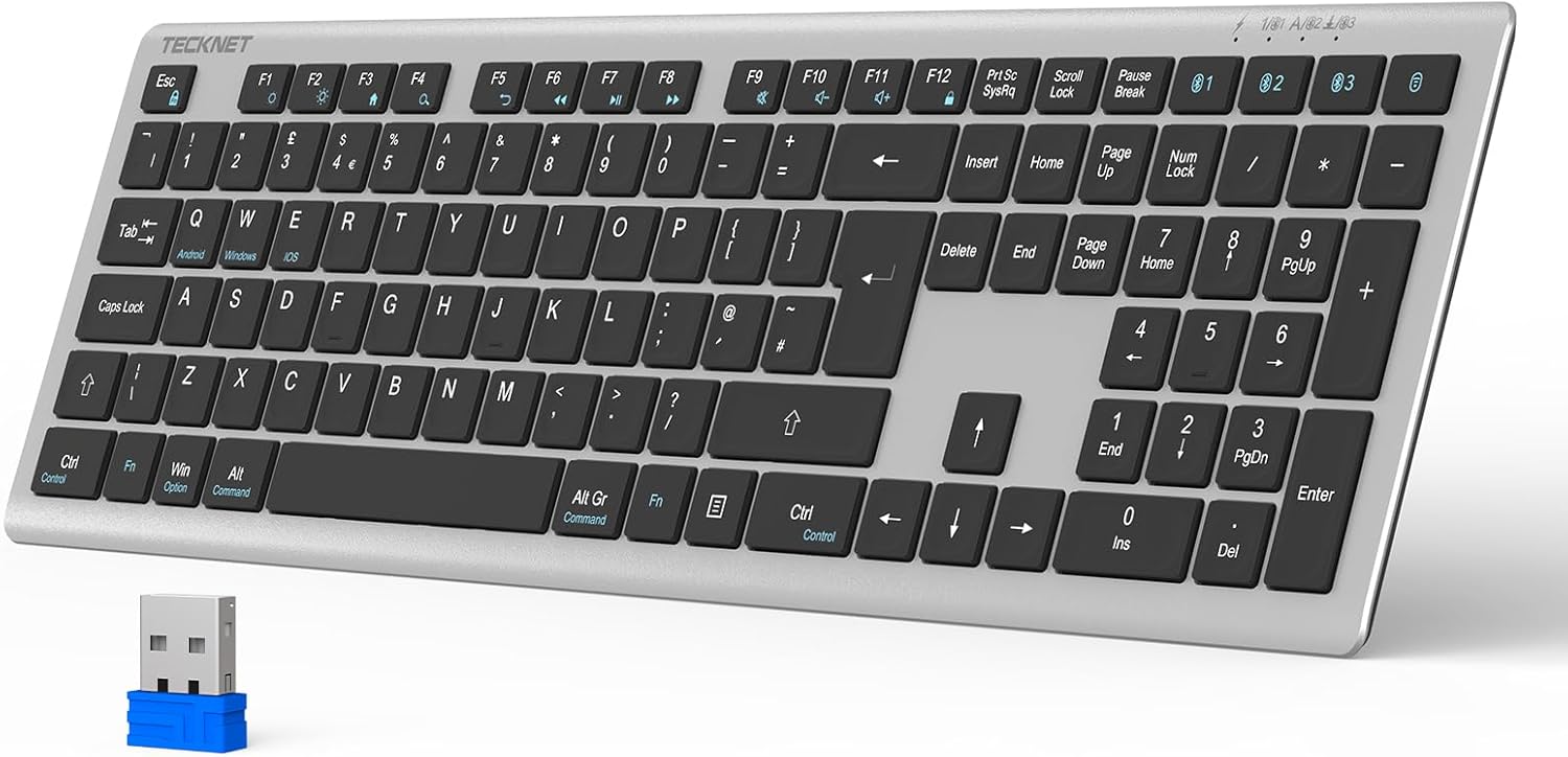 TECKNET Wireless Keyboard, Rechargeable 2.4GHz USB Bluetooth Keyboard for 4 Mult...