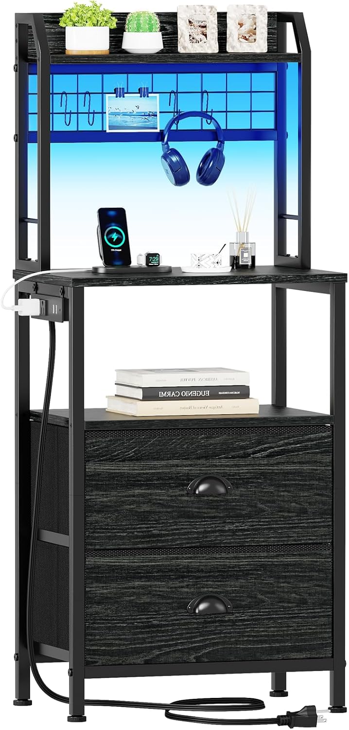 Furologee 41'' Tall Nightstand with Charging Station, Bedside Table with LED Lig...