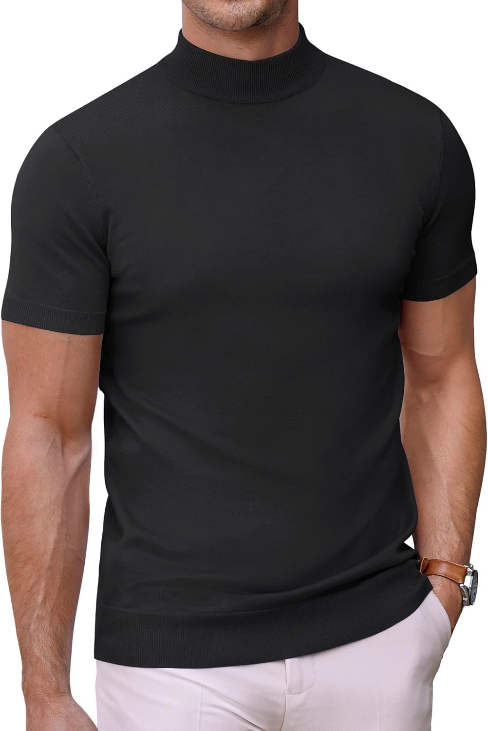 COOFANDY Mens T-Shirt Short Sleeve Mock Turtleneck Knitted Jumper Half Collar Me...