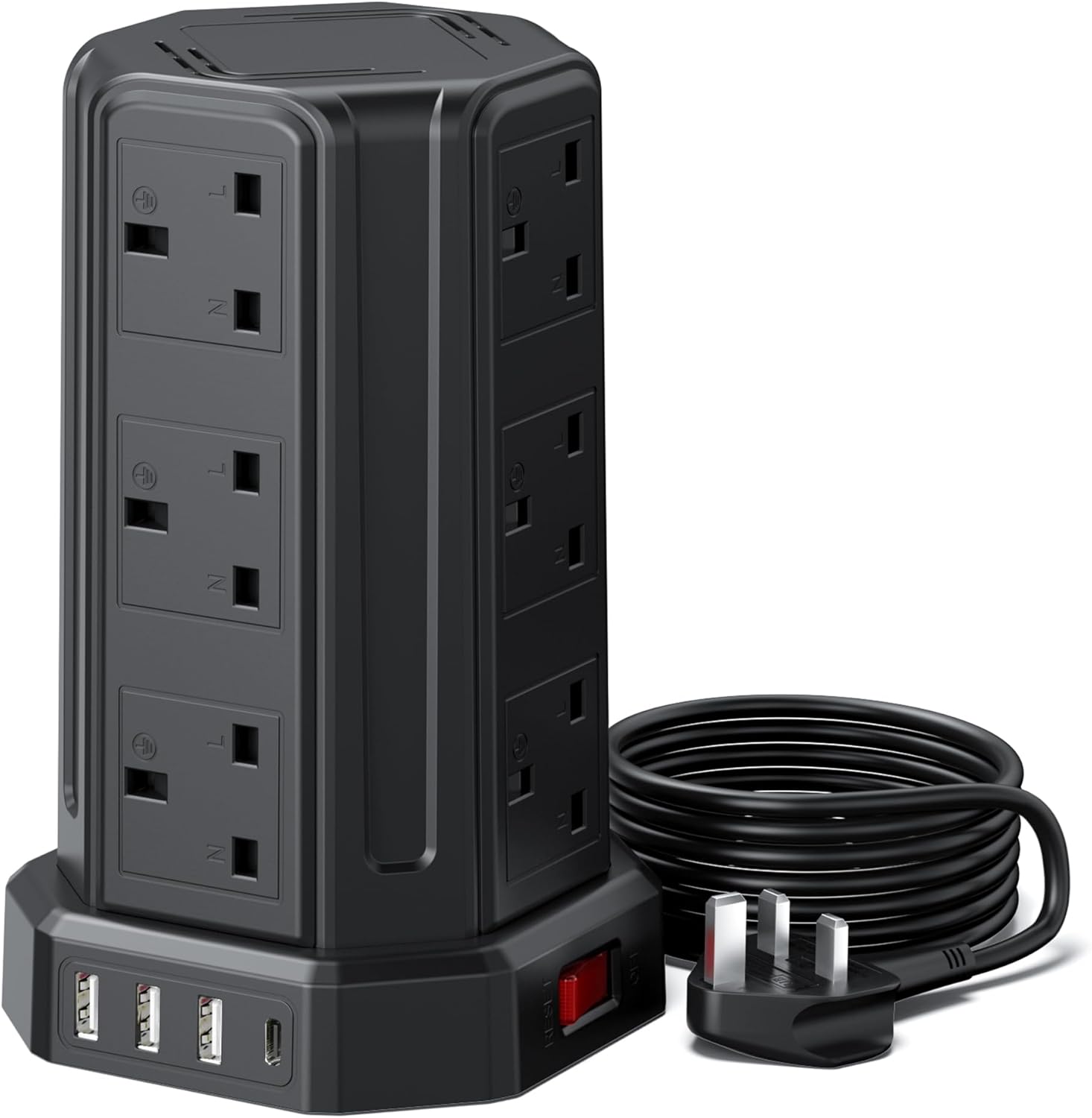 AODENG Tower Extension Lead with USB Slots 3M, 12 Way Outlets Multi Plug Extensi...