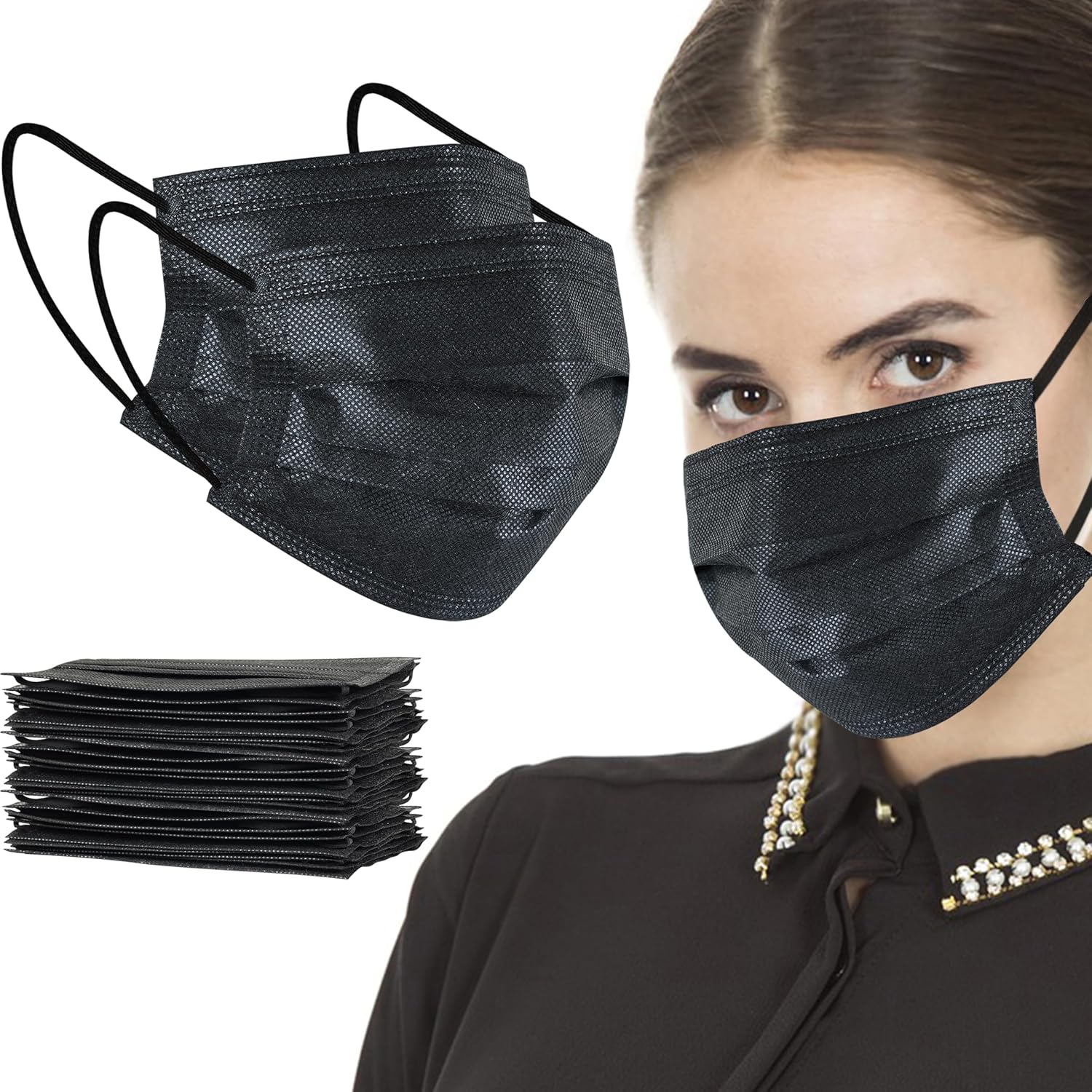 akgk 100Pcs Disposable Face Masks, Black Face Mask, 3 Ply Disposable Mask Adults...
