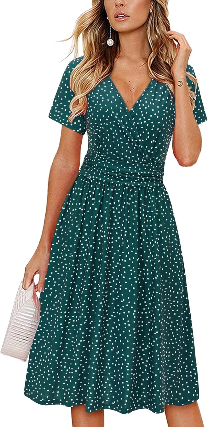OUGES Women's Summer Midi Dress V-Neck Long/Short Sleeve Floral Ladies Spring Dr...