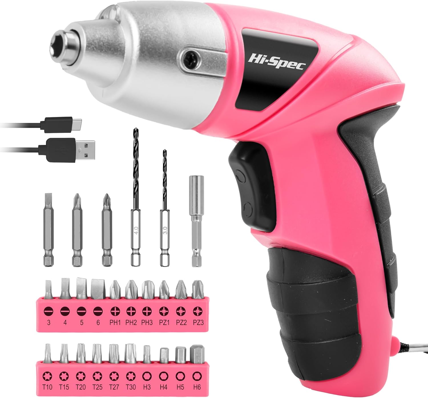 Hi-Spec 27 Pc Electric Screwdriver Pink 3.6V with 23 Drill Bits Set, Rechargeabl...