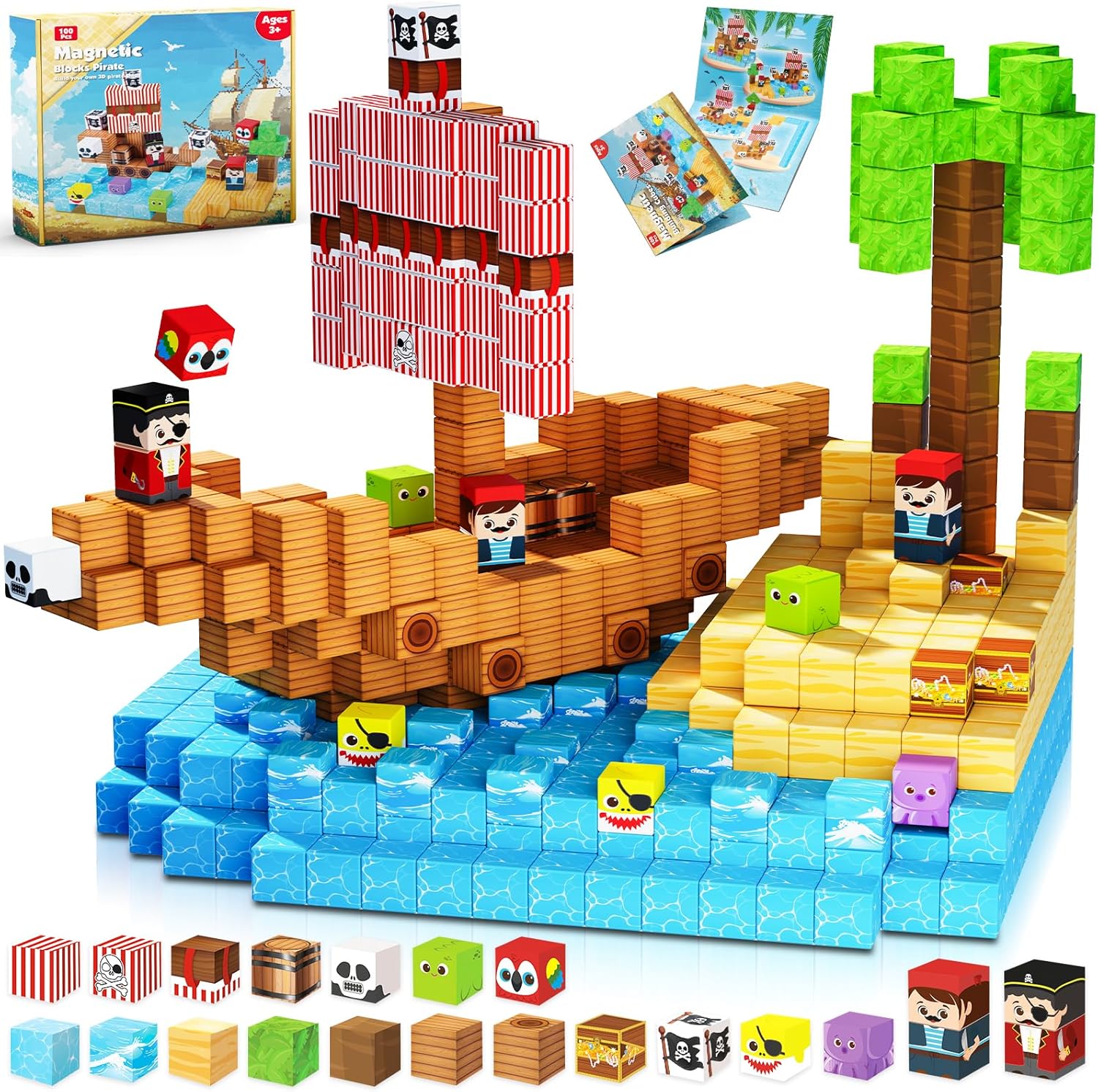 Magnetic Blocks - 100PCS Build Pirate-Ship World Set - Magnetic Building Cube St...