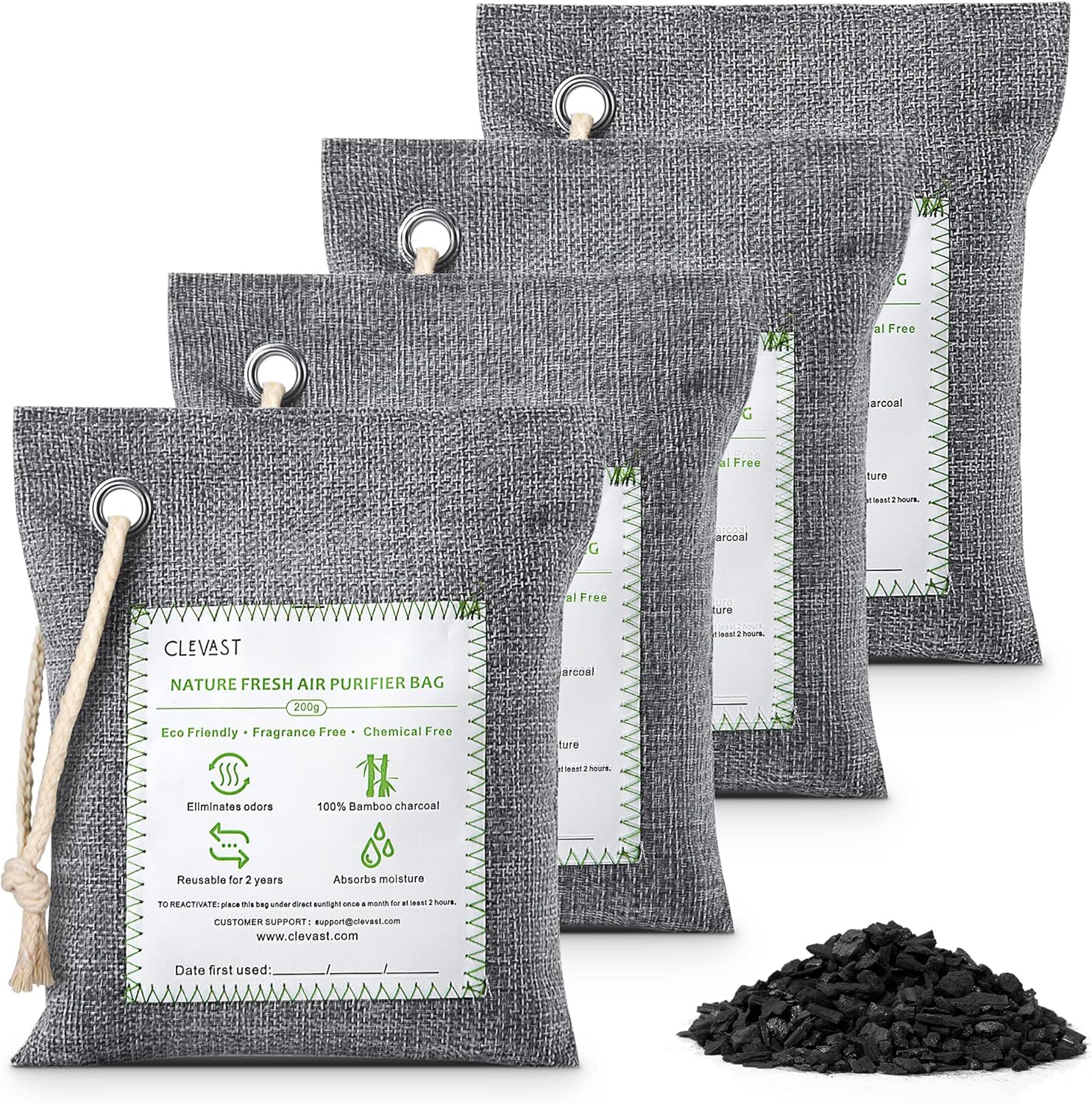 CLEVAST Bamboo Charcoal Air Purifying Bags (Large, 4×200g), Removes Odors and Mo...