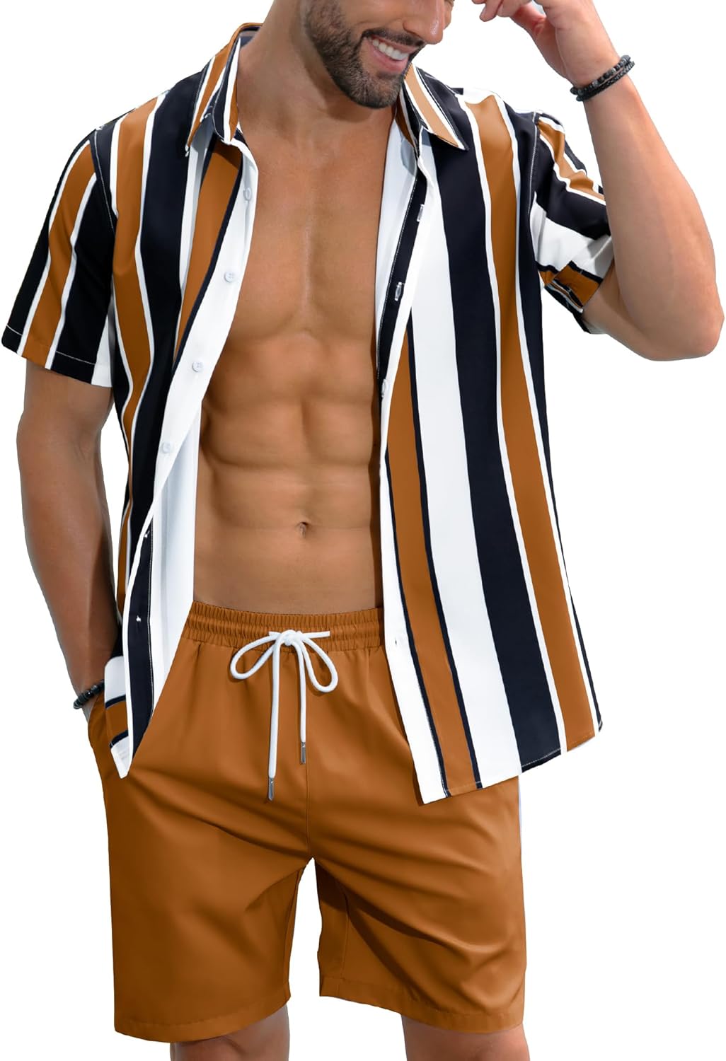 LecGee Men's Hawaiian Shirt Set Tropical Print Striped Button Down Hawaiian Shir...
