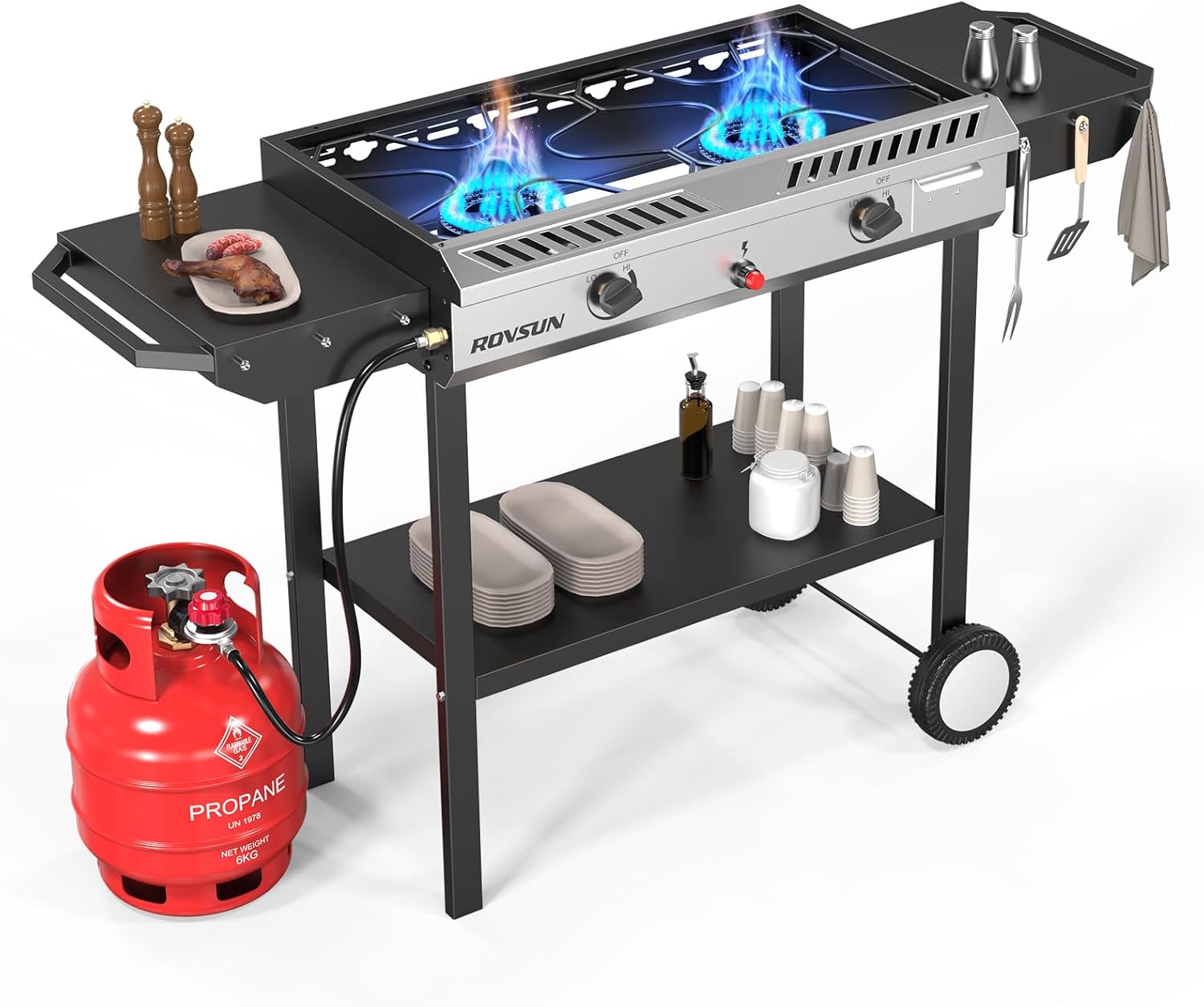 ROVSUN 2 Burner Outdoor Propane Gas Stove with Auto-ignition, Regulator & Side S...