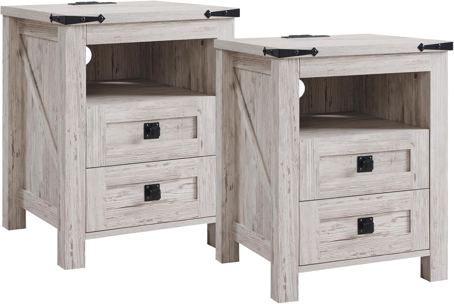 T4TREAM Farmhouse Nightstand Set of 2 with Charging Station, Rustic End Table wi...