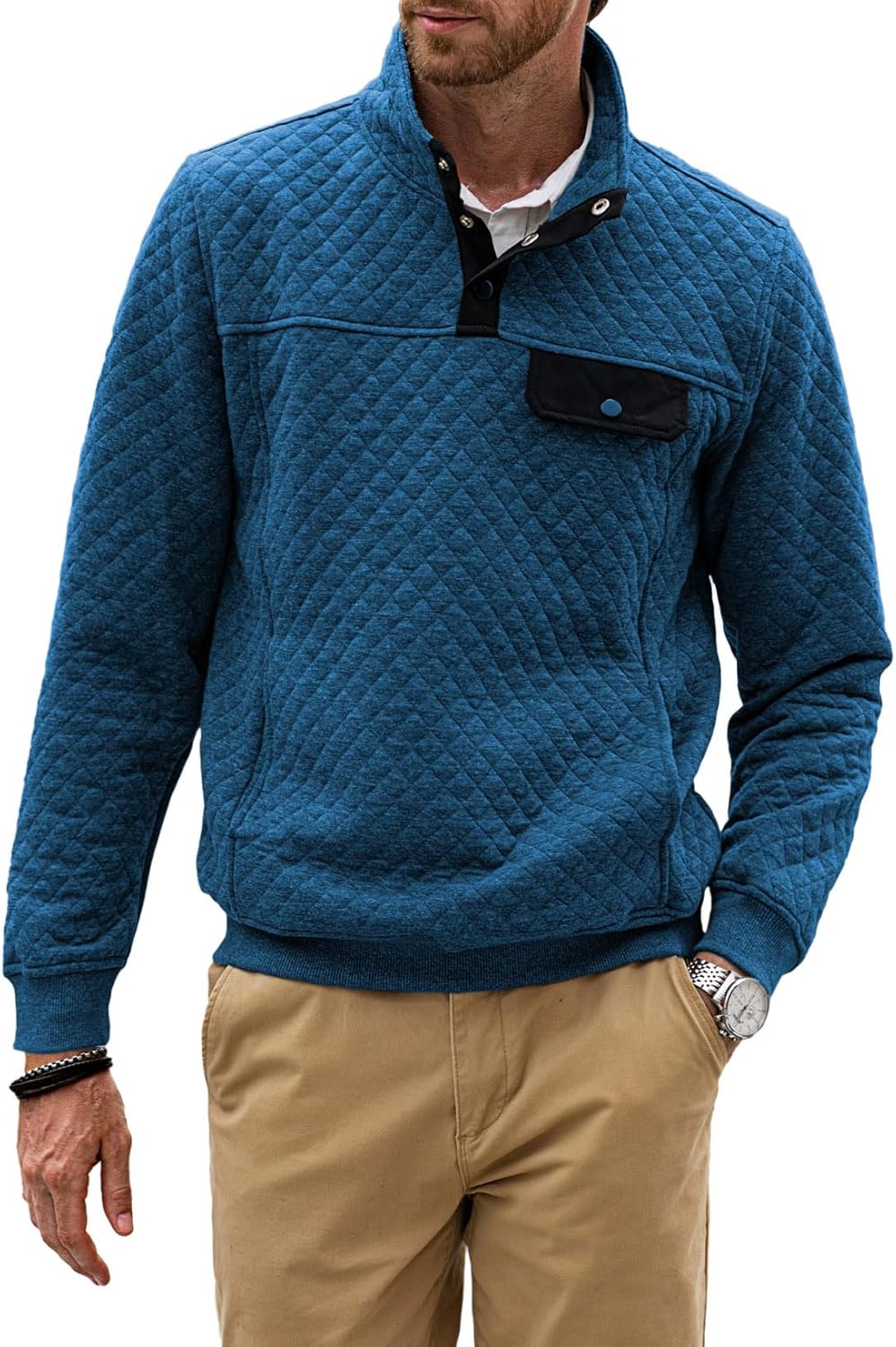 JMIERR Men's Quilted Sweatshirt Casual Long Sleeve Outdoor Stand Collar Button P...