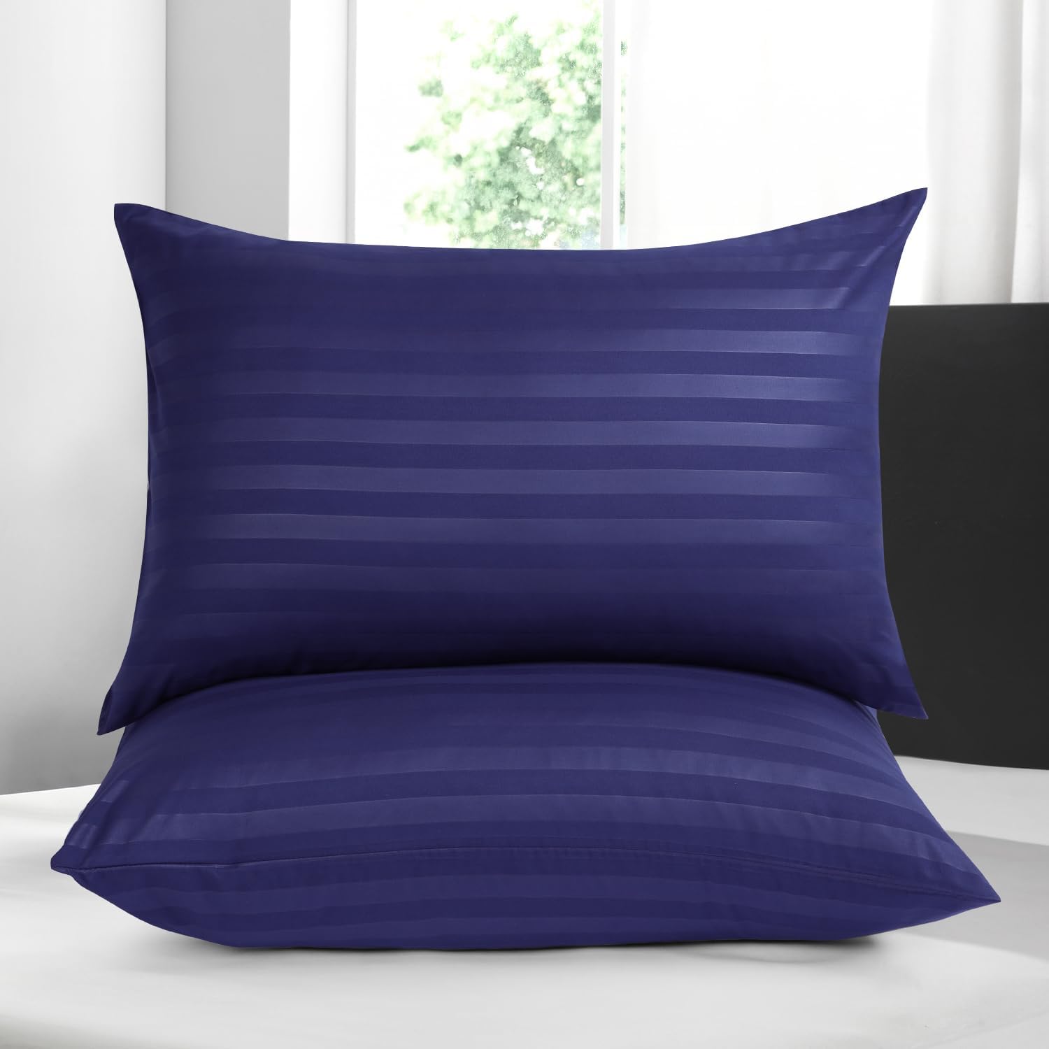 Moonlight Bedding Pillow cases 2 pack - Navy Stripe 50x75cm Luxury Pillowcase 10...