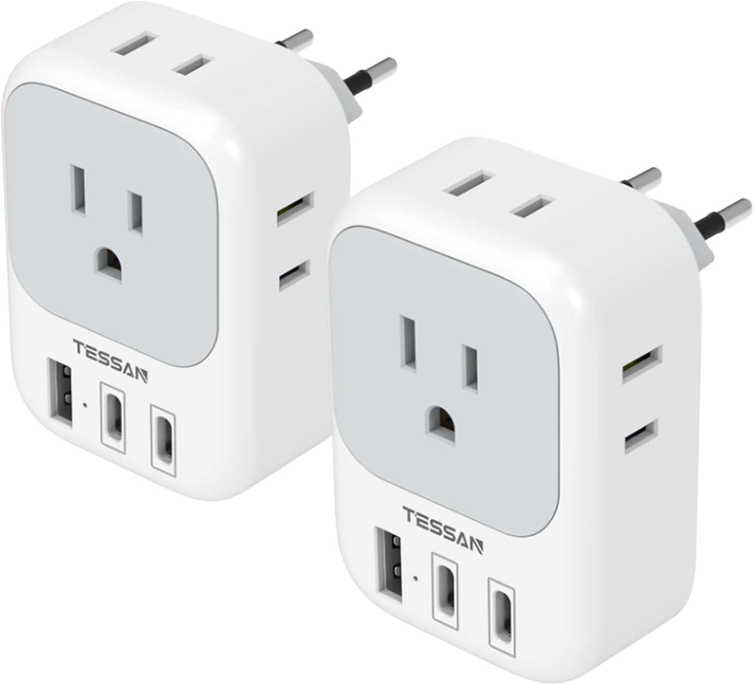2 Pack European Travel Plug Adapter, TESSAN US to Europe Plug Adapter with 4 Ele...