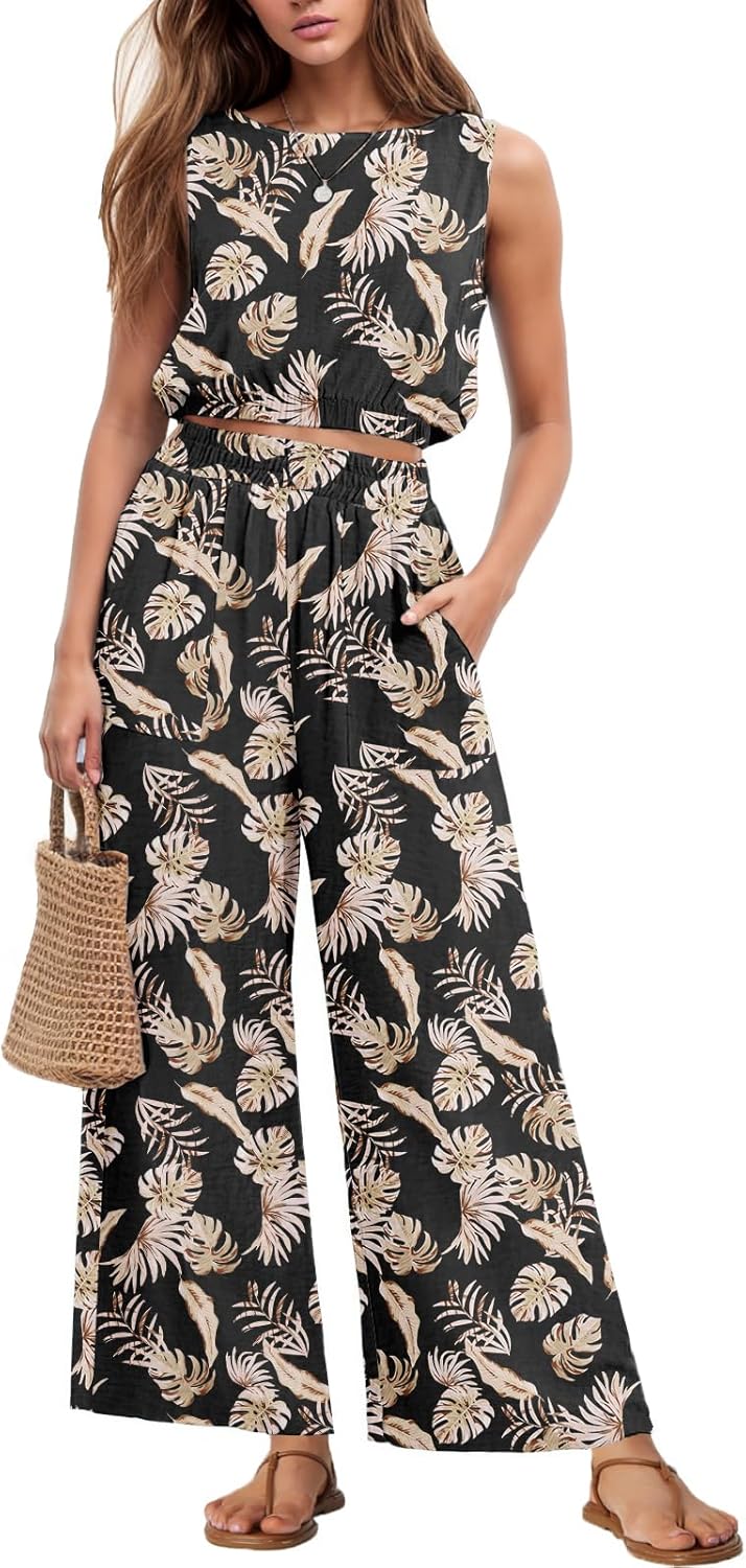 GRECERELLE Two Piece Sets for Women Sleeveless Crop Top Wide Leg Pants Sweat Set...