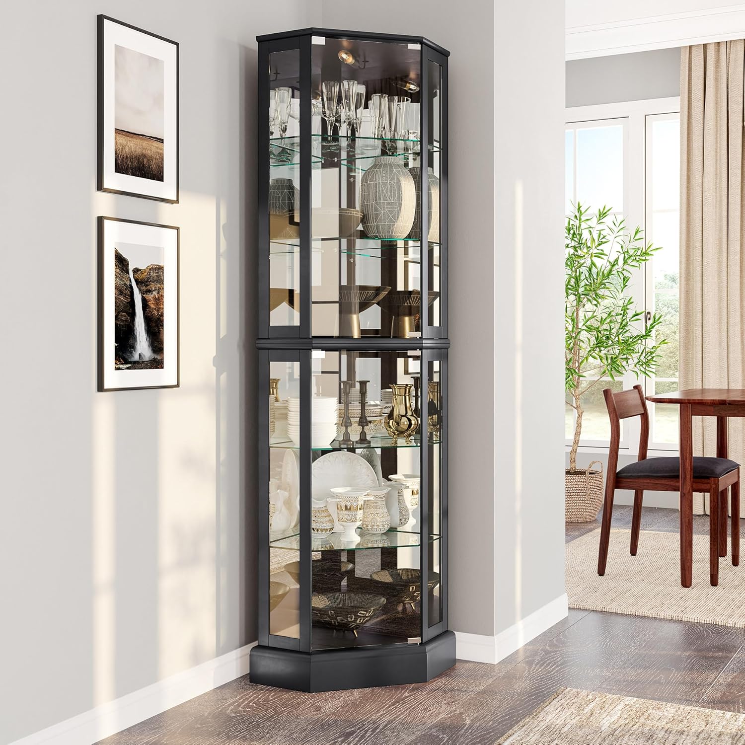 BELLEZE Lighted 3-Side Glass Display Curio Cabinet with Tempered Glass Doors and...