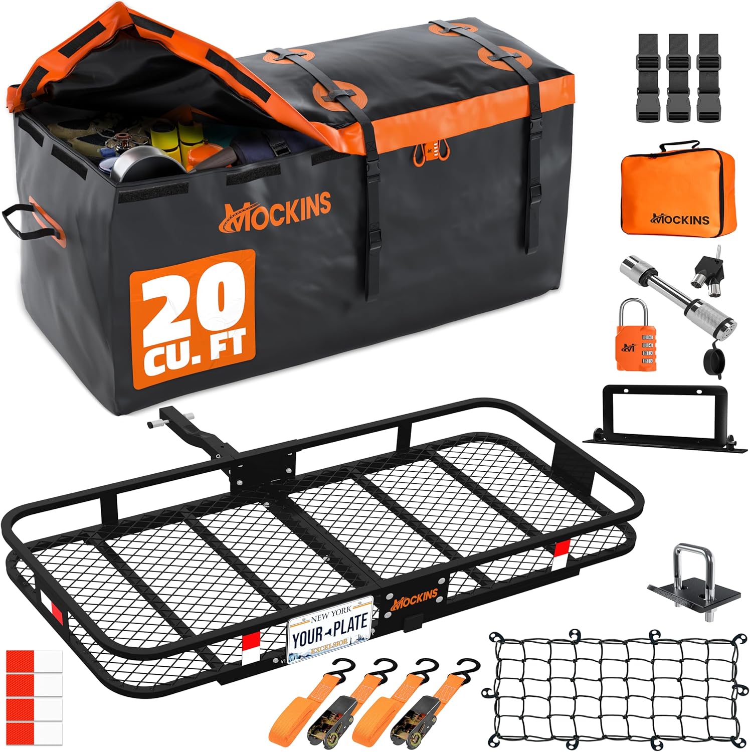 Mockins 60"x20"x6" Folding Trailer Hitch Cargo Carrier w/ 20 Cu.Ft. Waterproof C...
