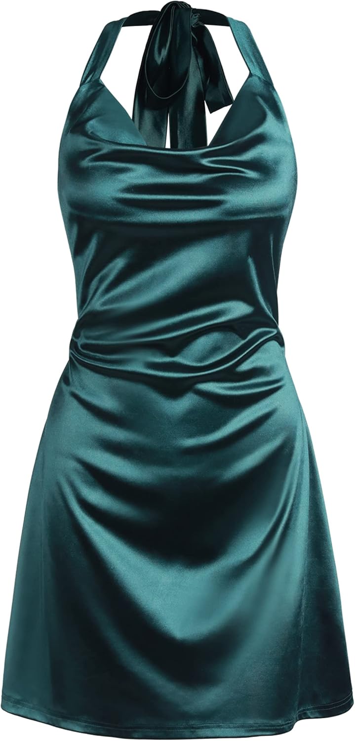 ZAFUL Women Halterneck Satin Mini Dress Sexy Cowl Neck Silky Party Cocktail Club...