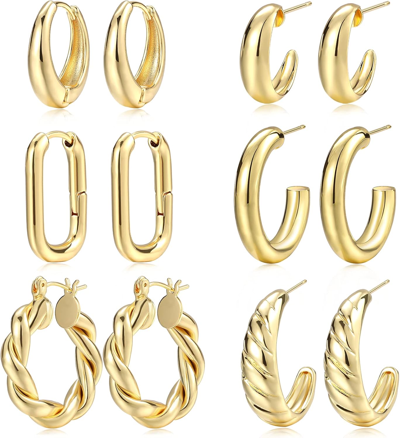 Gold Hoop Earrings Set for Women, 6 Pairs 14K Gold Plated Lightweight Hypoallerg...