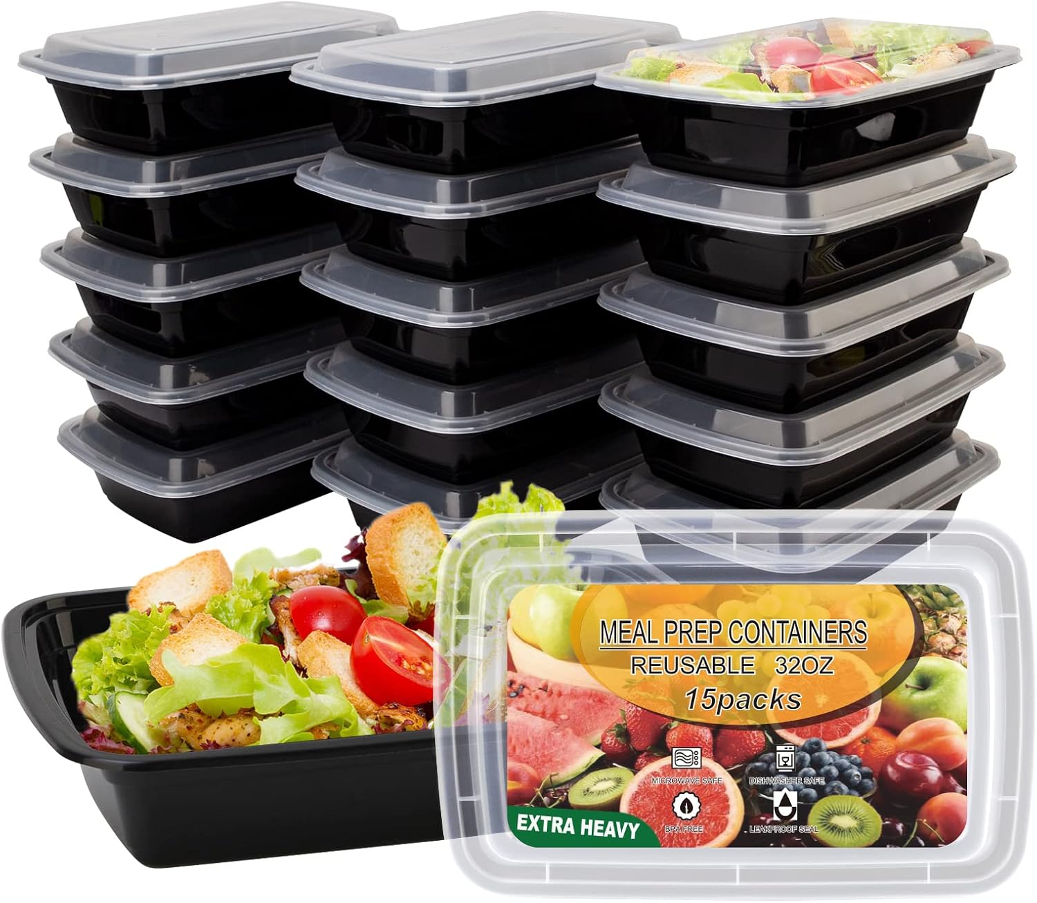 15 Pack- Meal Prep Containers 32oz, Plastic Food P...
