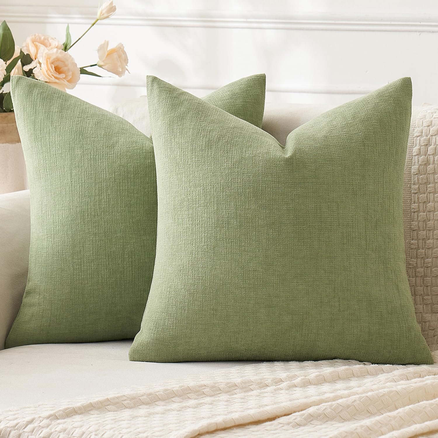 MIULEE Sage Green Couch Pillow Covers 20x20 Inch, Set of 2 Soft Spring Chenille...