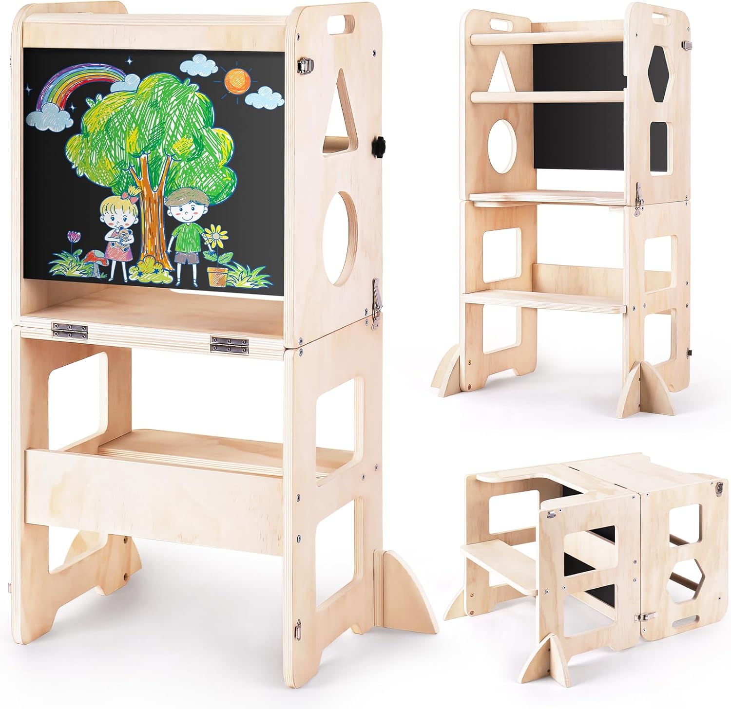 4-in-1 Toddler Kitchen Step Stool, Foldable Learning Standing Tower with Blackbo...