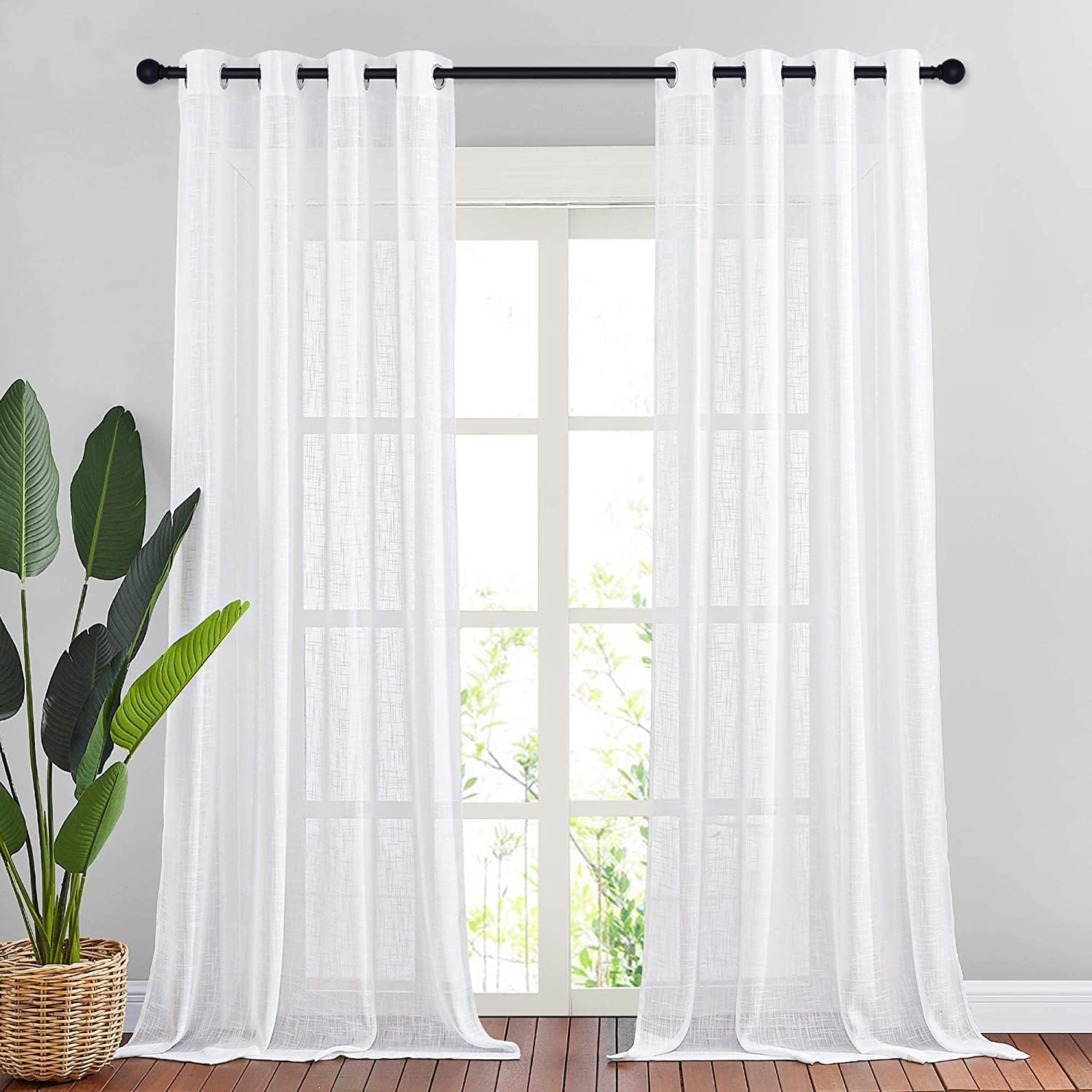 PONY DANCE White Net Curtains for Windows - Linen Look Voile Curtains 90 Drop Pa...