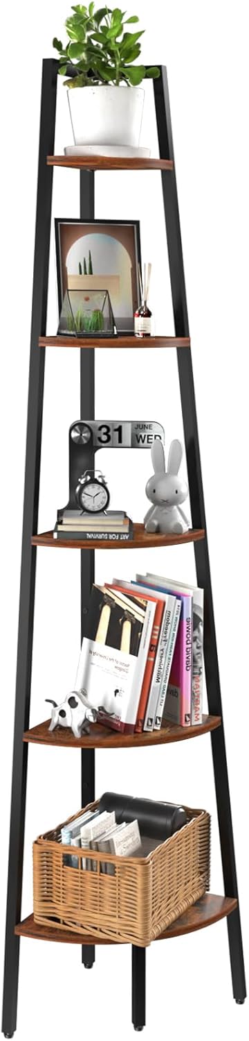 Yoobure Corner Shelf, 5-Tier Corner Bookshelf with Metal Frame, Ladder Corner Sh...