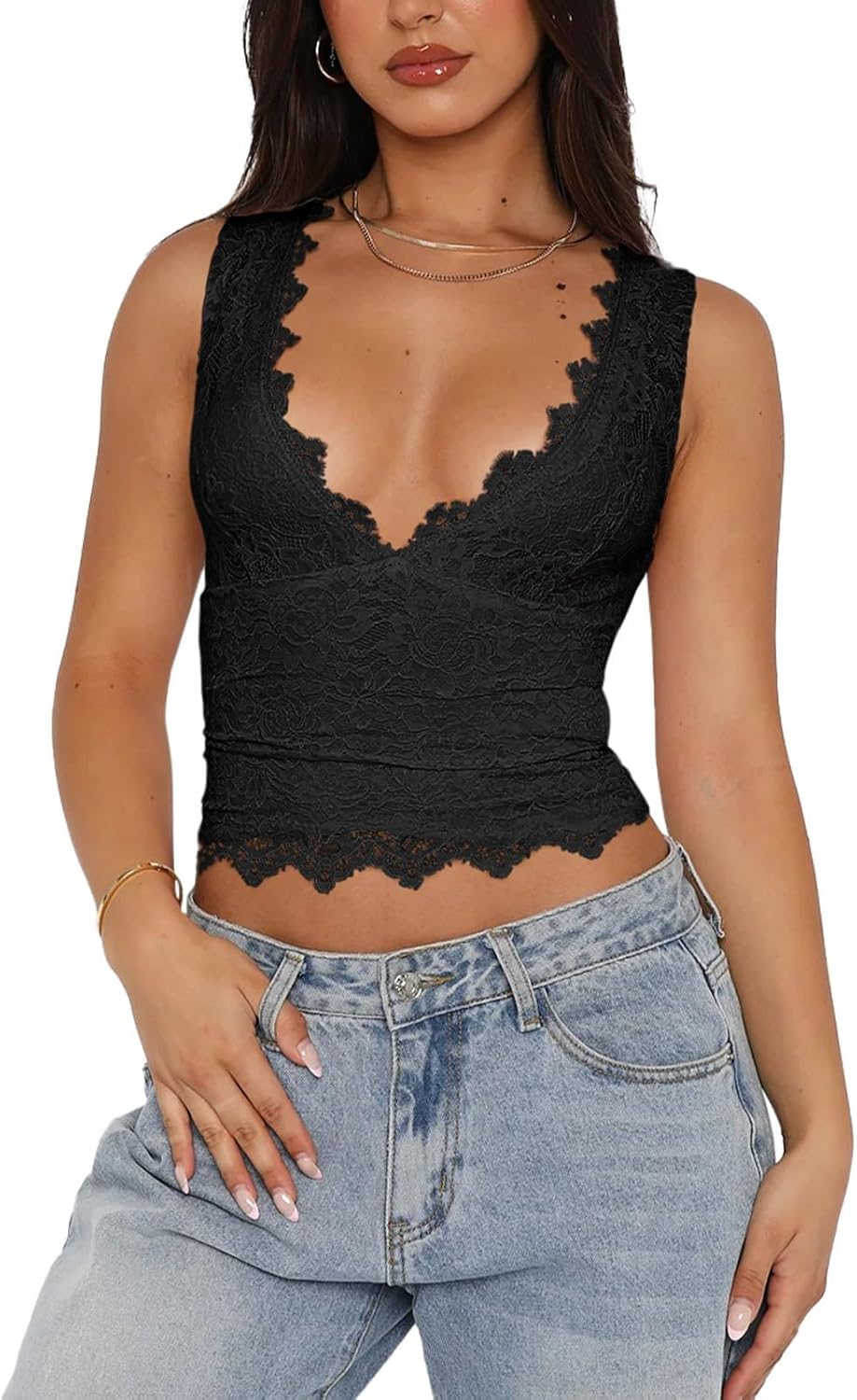 REORIA Womens Sexy V-Neck Sleeveless Double Lined Going Out Y2K Trendy Lace Crop...