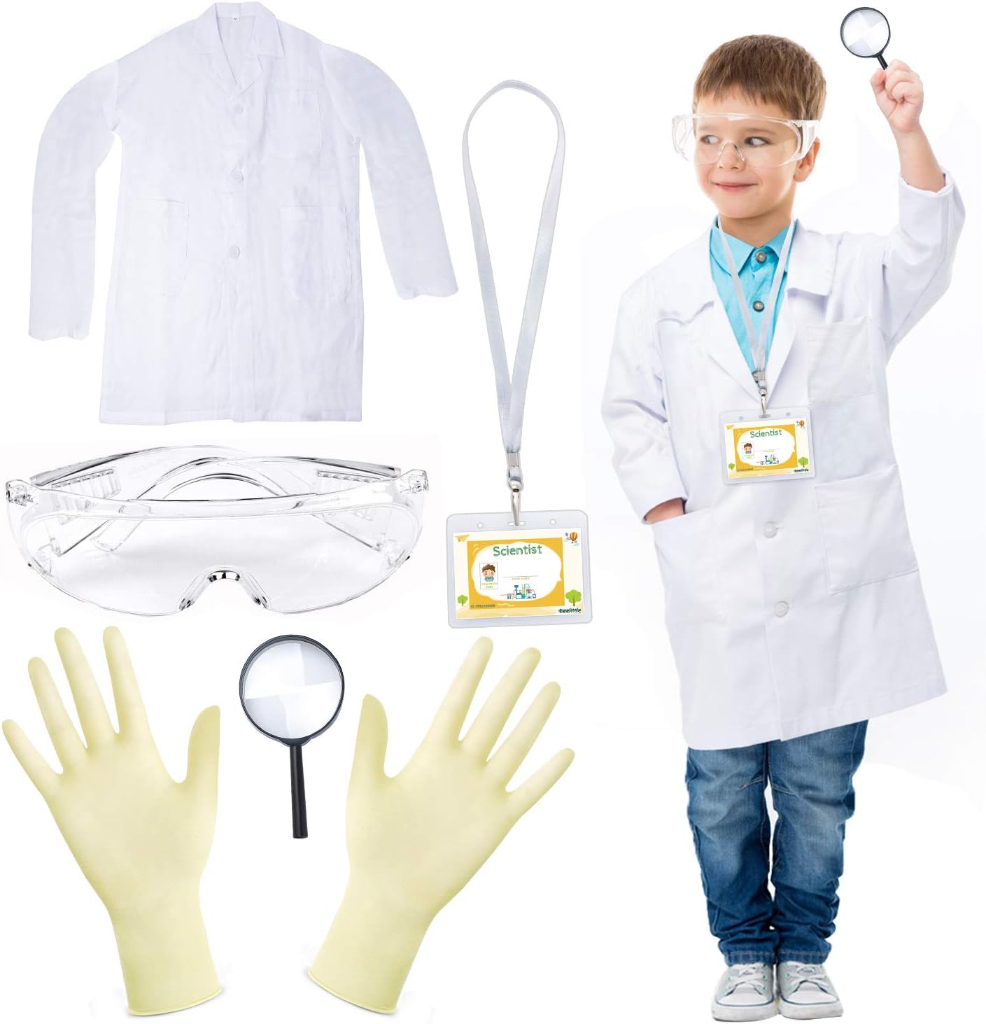 Beelittle Kids Scientist Lab Coat Costume Dress Up with Goggles ID Card Science...