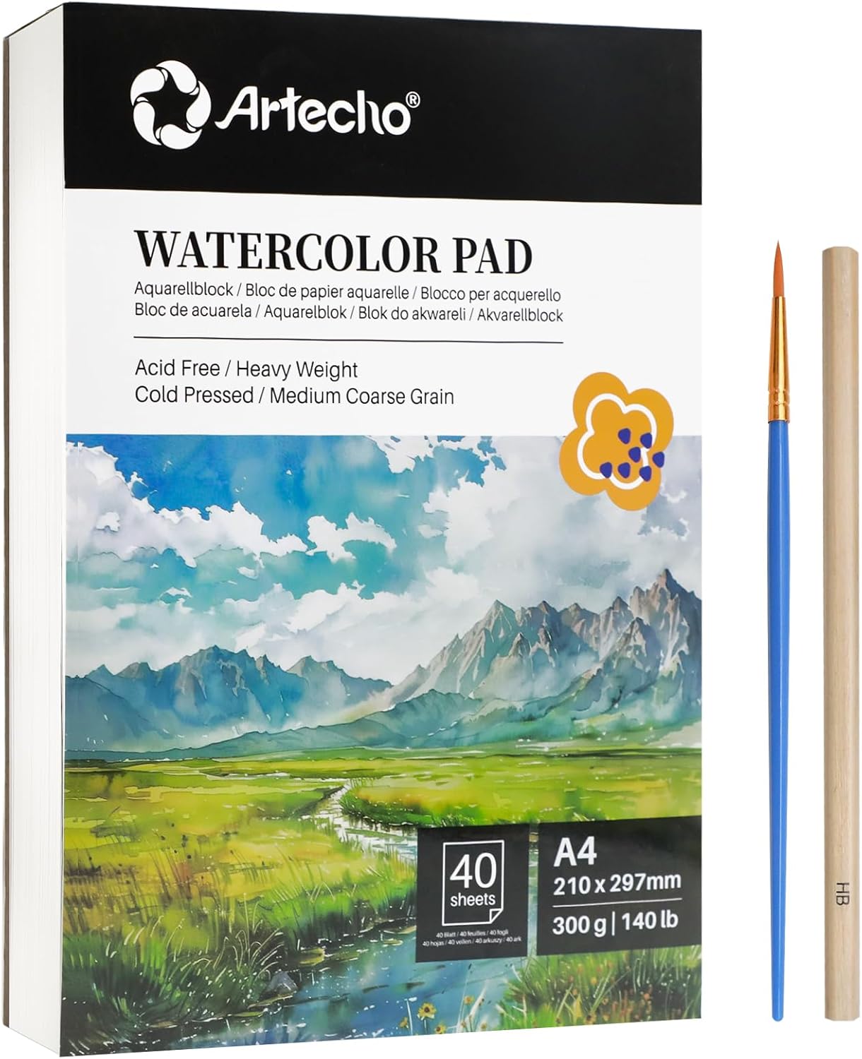 Artecho Watercolour Paper A4 Pad 40 Sheets with Watercolour Brush and Pencil, Wa...