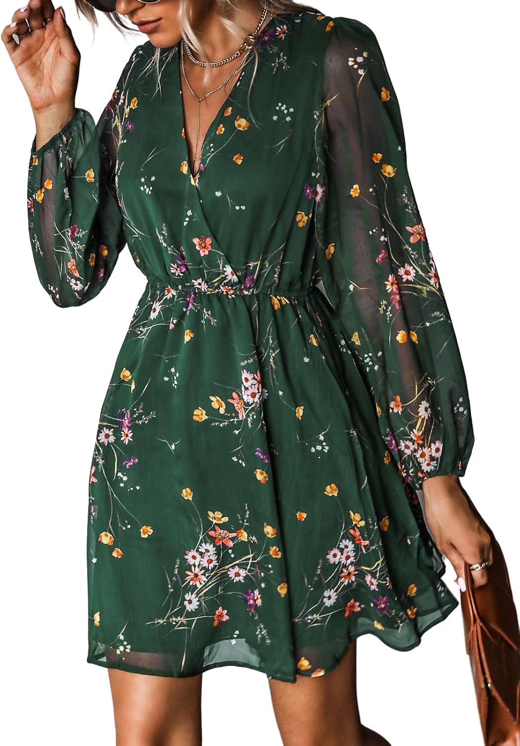 CUPSHE Women's Floral Print Chiffon A-Line Mini Dress Long Peasant Sleeves Elast...