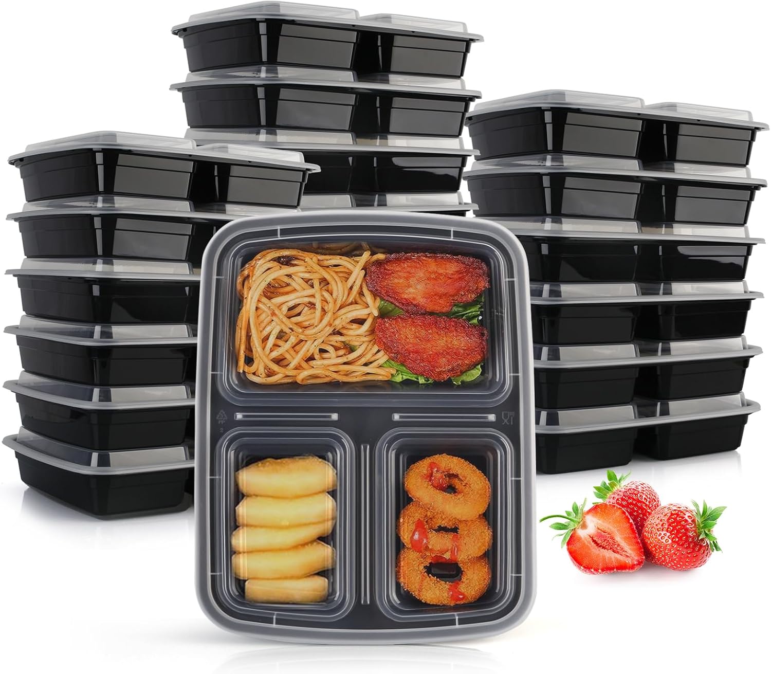 32oz Meal Prep Containers 3 Compartment: 20 Pack Plastic To Go Food Containers R...